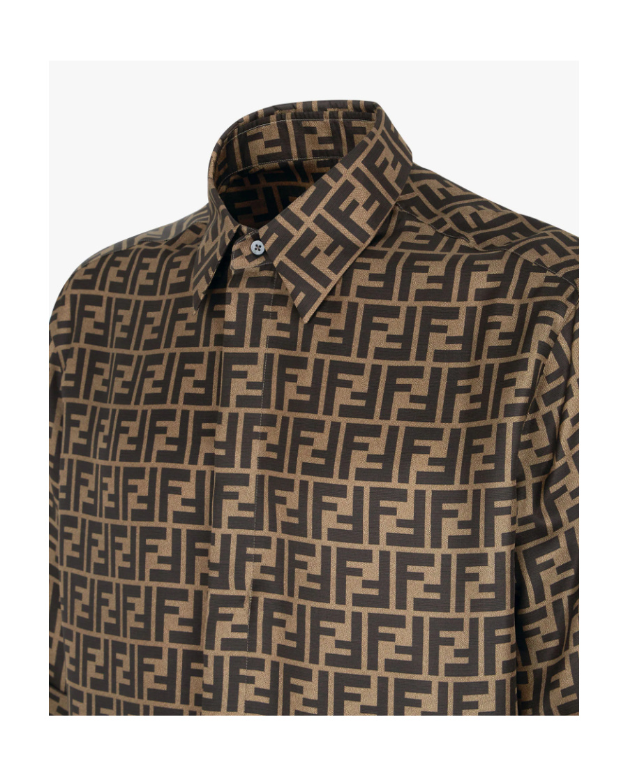 Fendi Men Silk Shirt With All-over Ff Logo In Brown | ModeSens