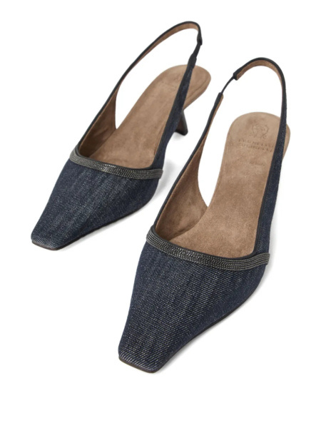 Brunello Cucinelli Denim Pointed-toe Slingback Pumps With Monili Trim In Black