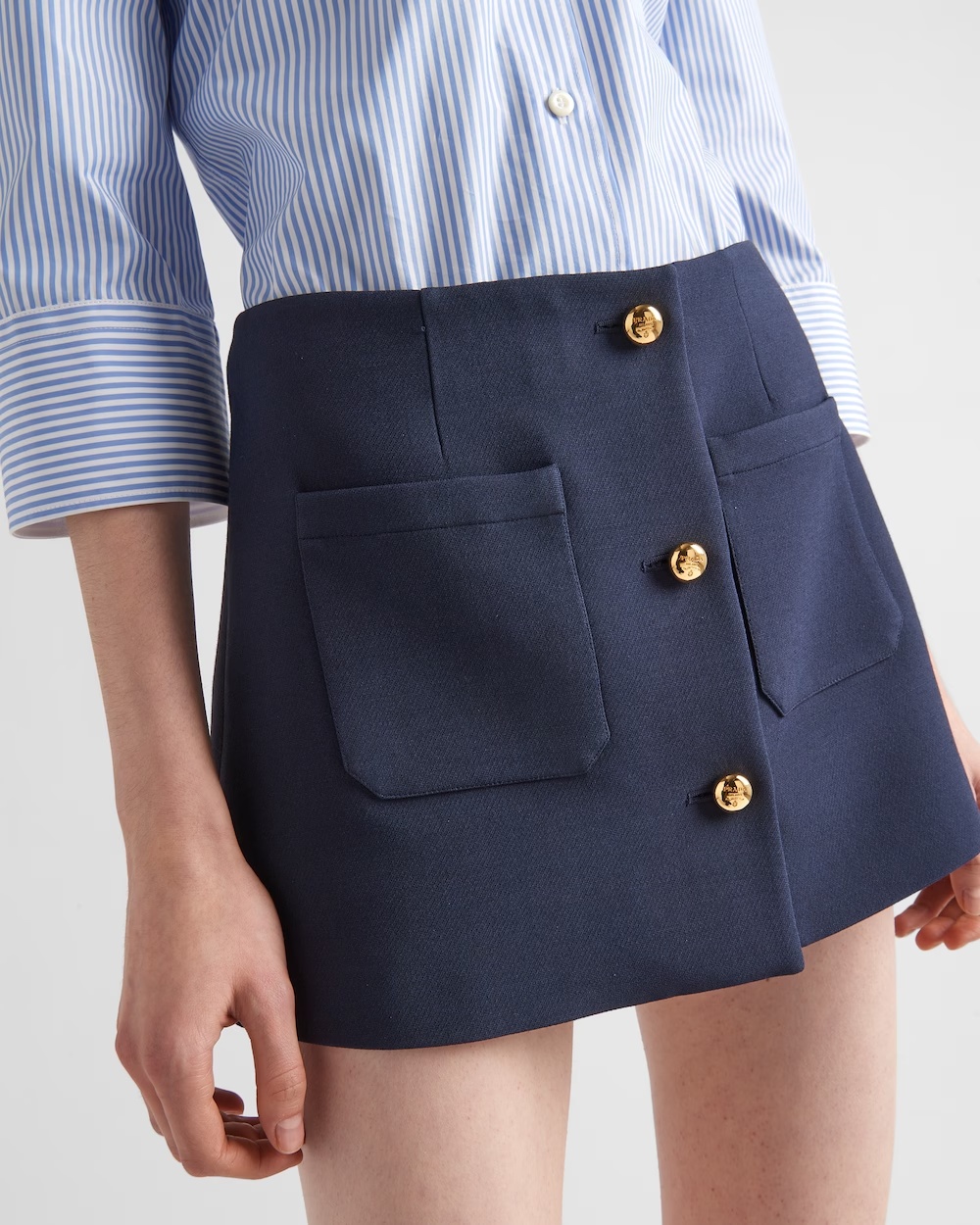 Prada Buttoned Wool-silk Twill Mini Skirt In Blue