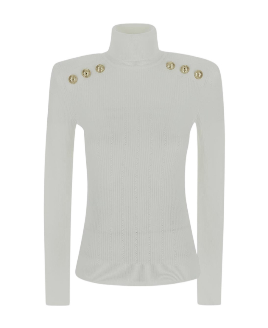 Balmain Button Embellished Turtleneck Jumper In Gray