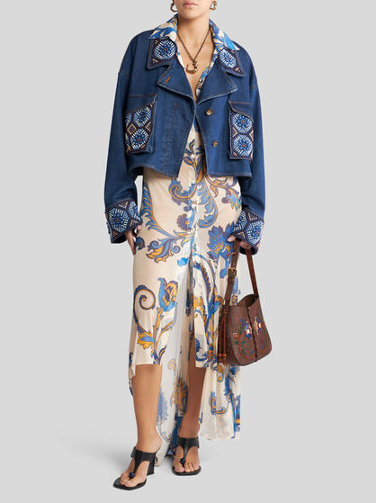 Etro Cropped Jacket With Pearl Embroidery In Navy Blue