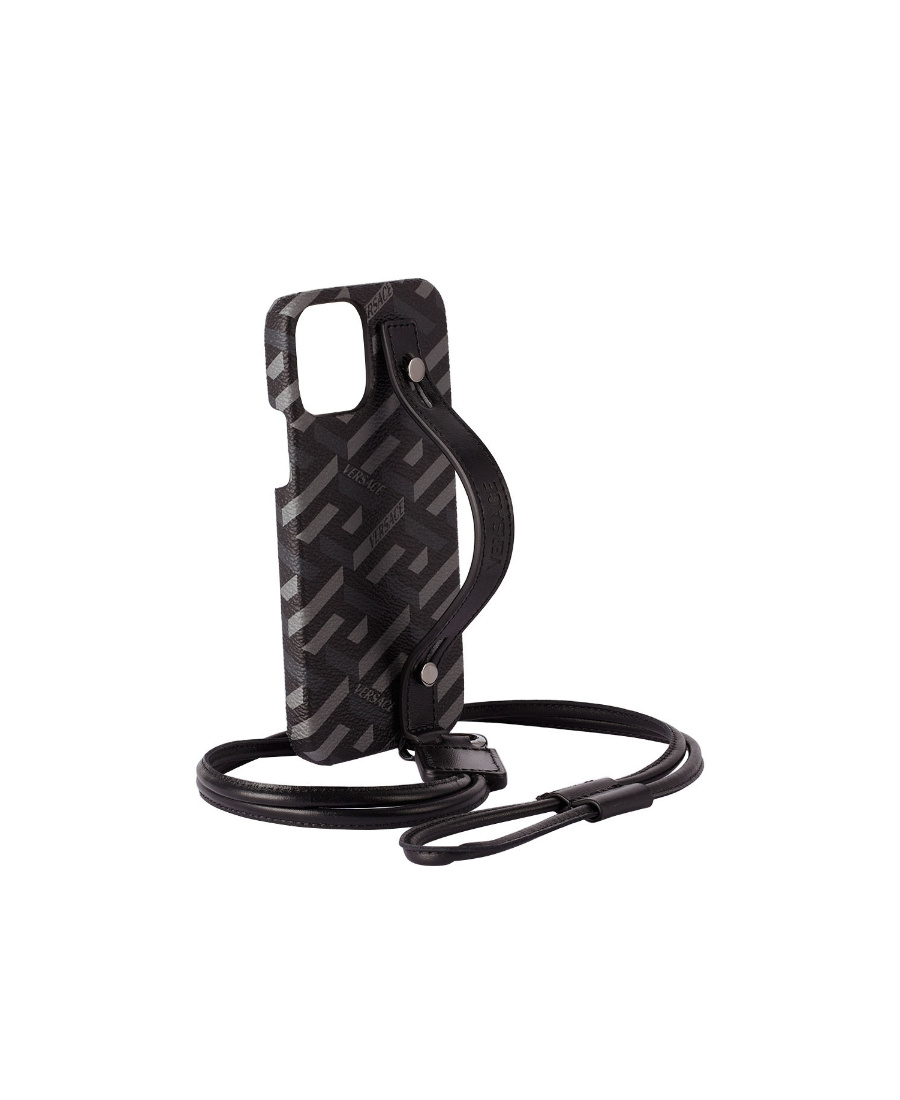 Versace La Greca Iphone 12 Mobile Phone Case In Black