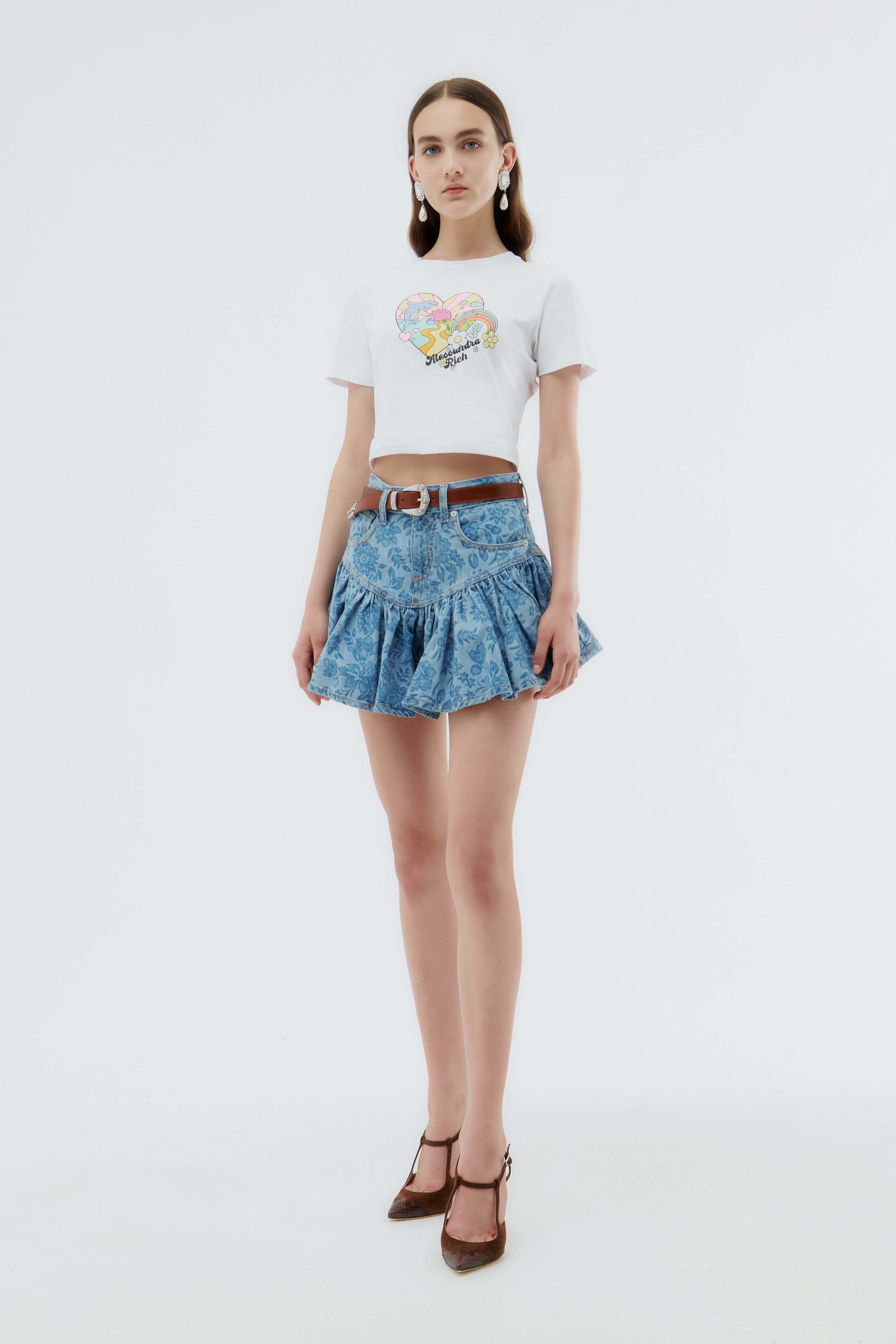 ALESSANDRA RICH FLORAL-PRINT DENIM MINI SKIRT 
