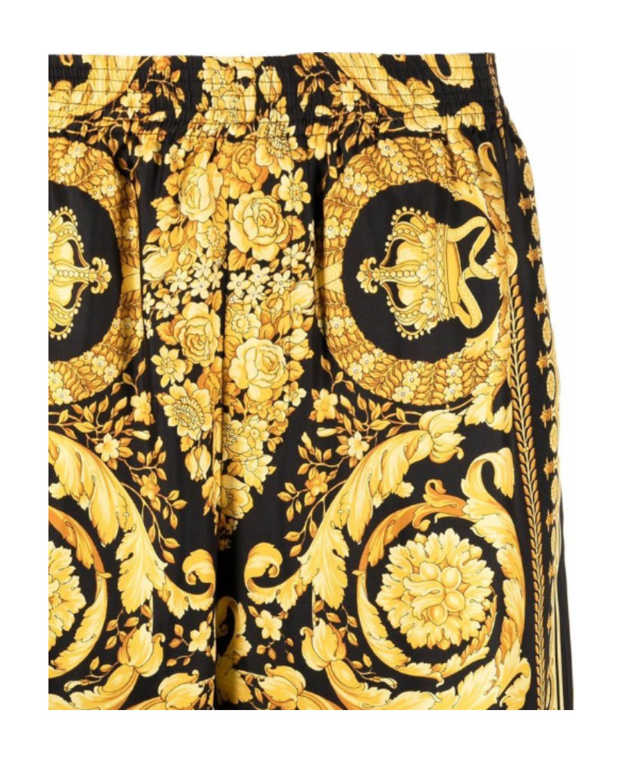 Versace Knee-length Black And Gold Silk Shorts With Barocco Print In Yellow