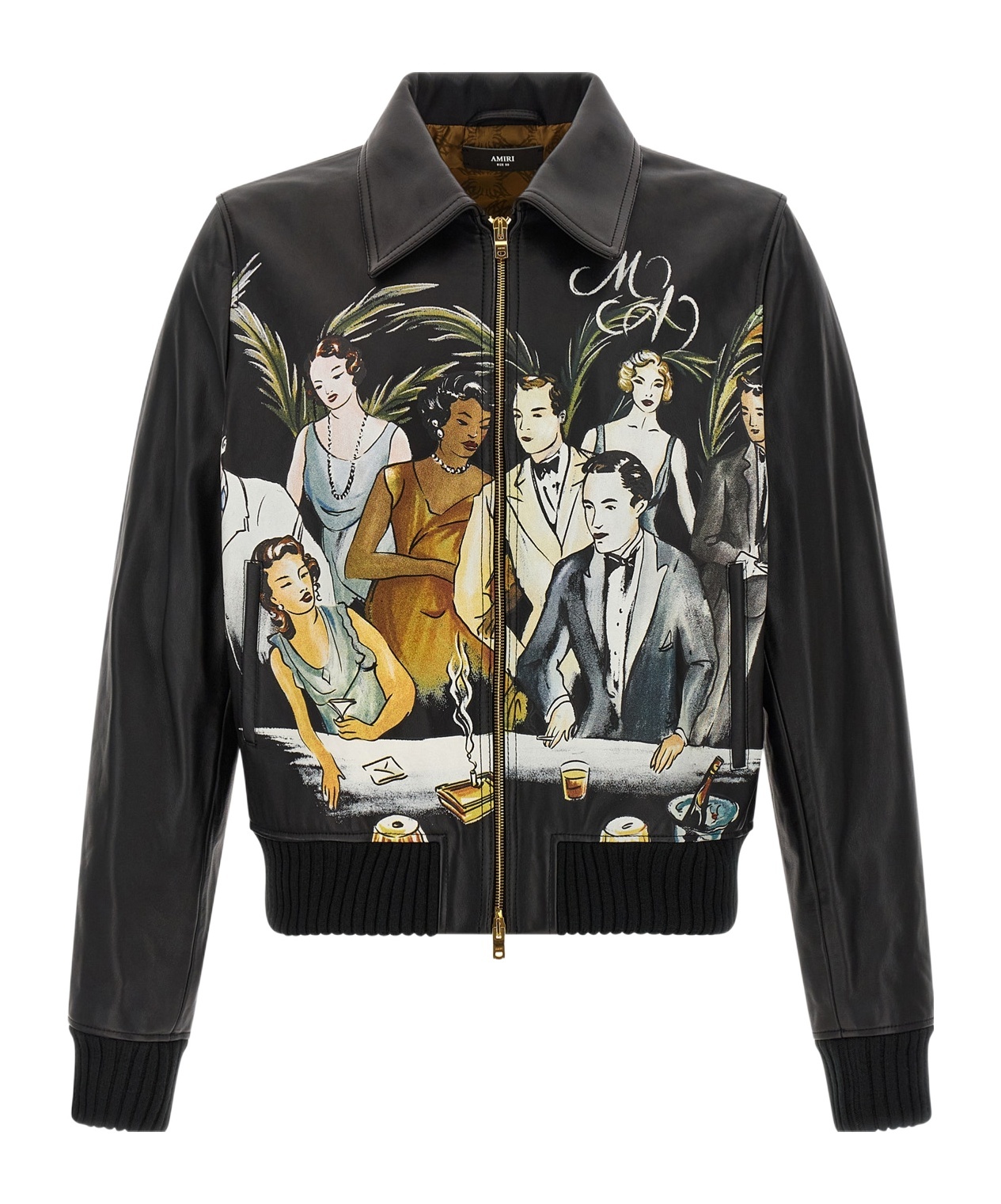Amiri Graphic Print Leather Jacket With Collared Neck In Multi