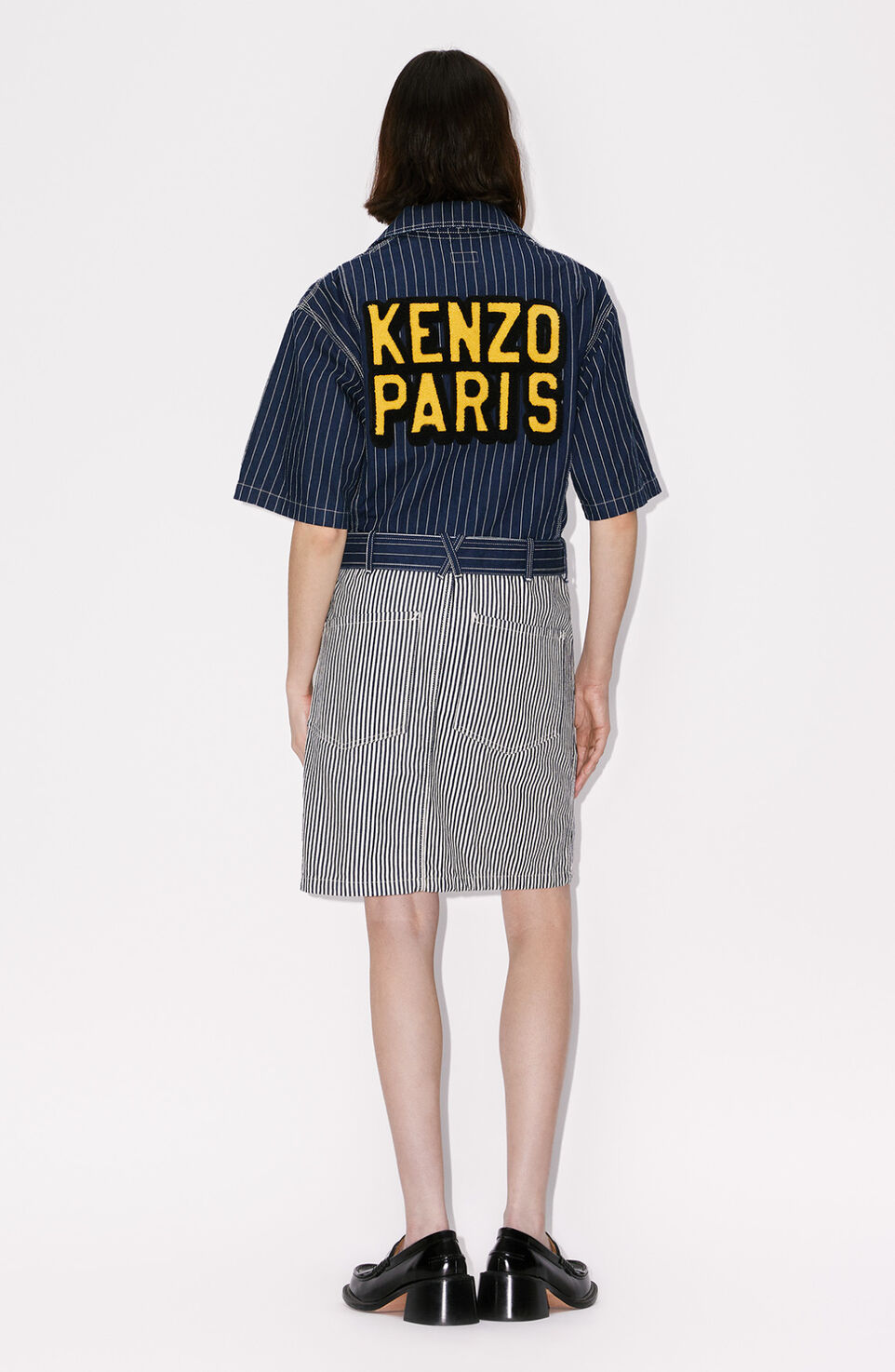 Kenzo Logo-patch Striped Denim Shirtdress In Blue