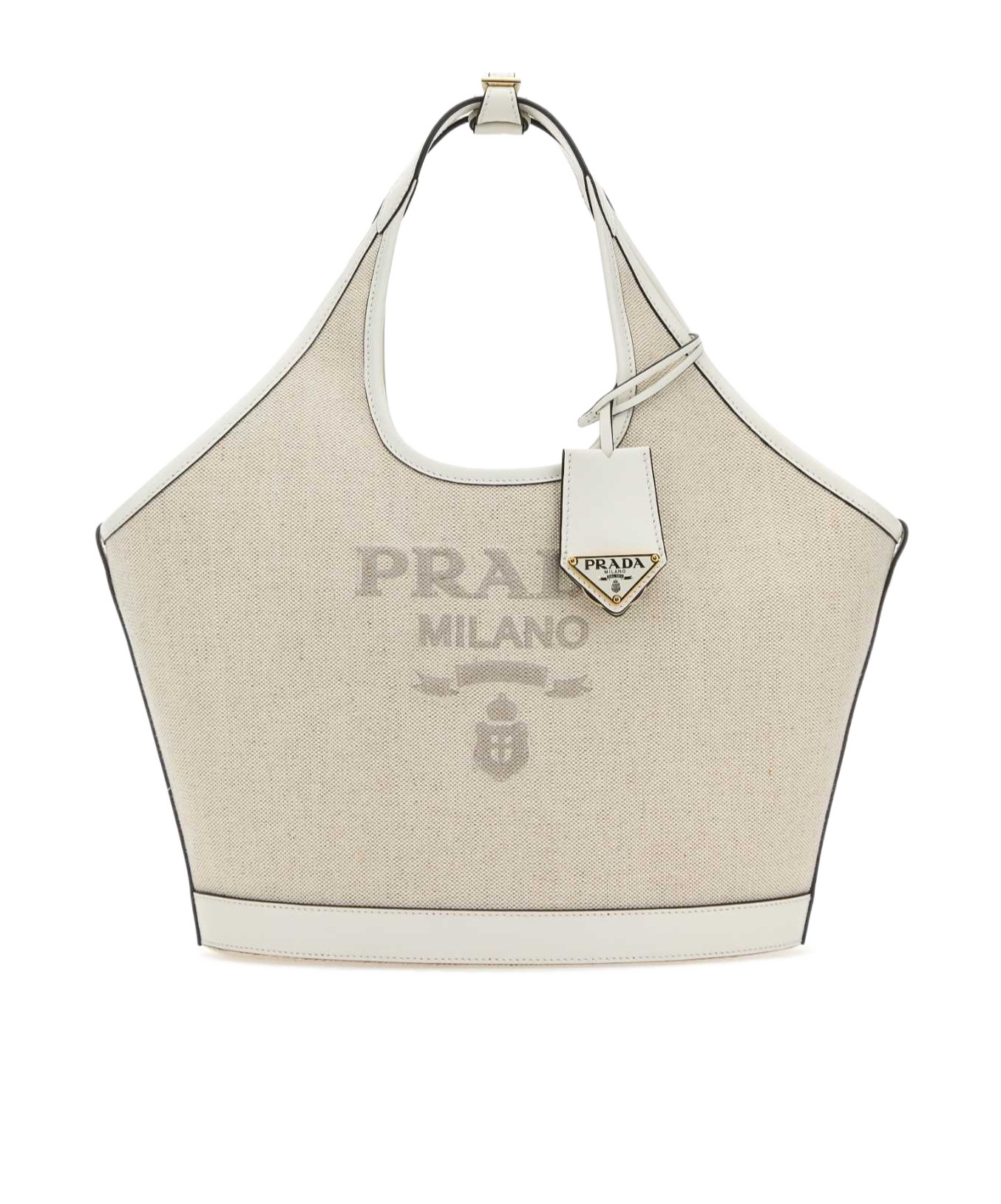 Prada Canvas Top Handle Shoulder Bag In Tan / White