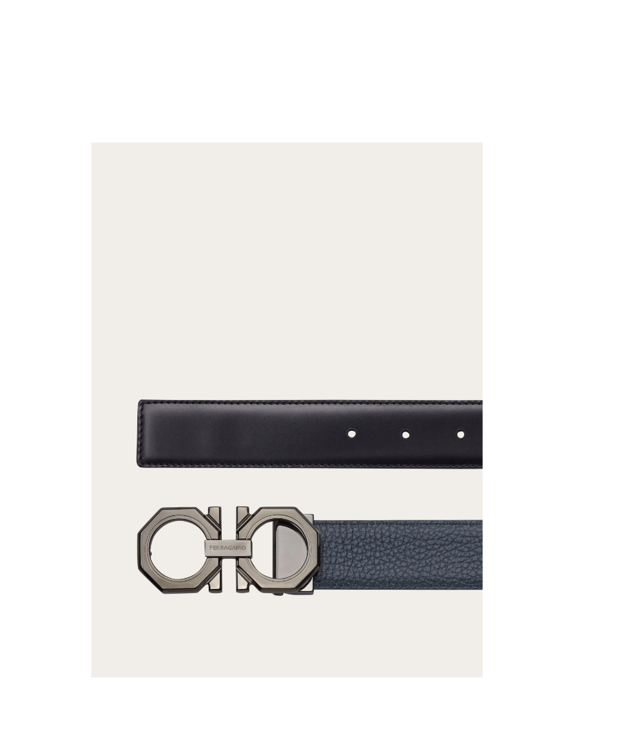 Ferragamo Salvatore Man's Bicolor Leather Belt With Logo Buckle In Black