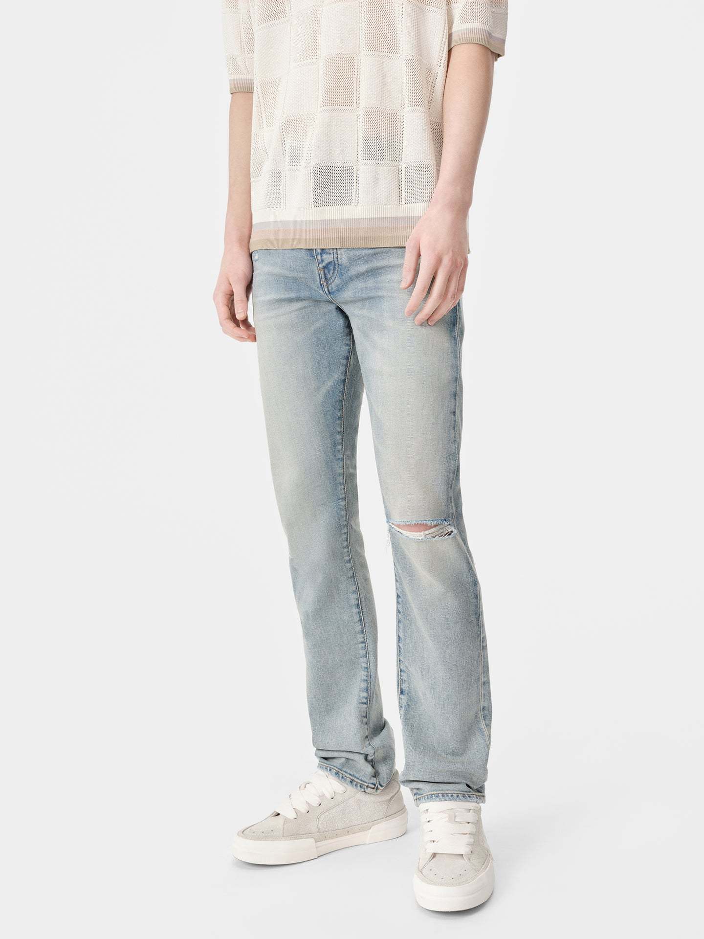Amiri Stack Distressed Slim Fit Jeans In Gray