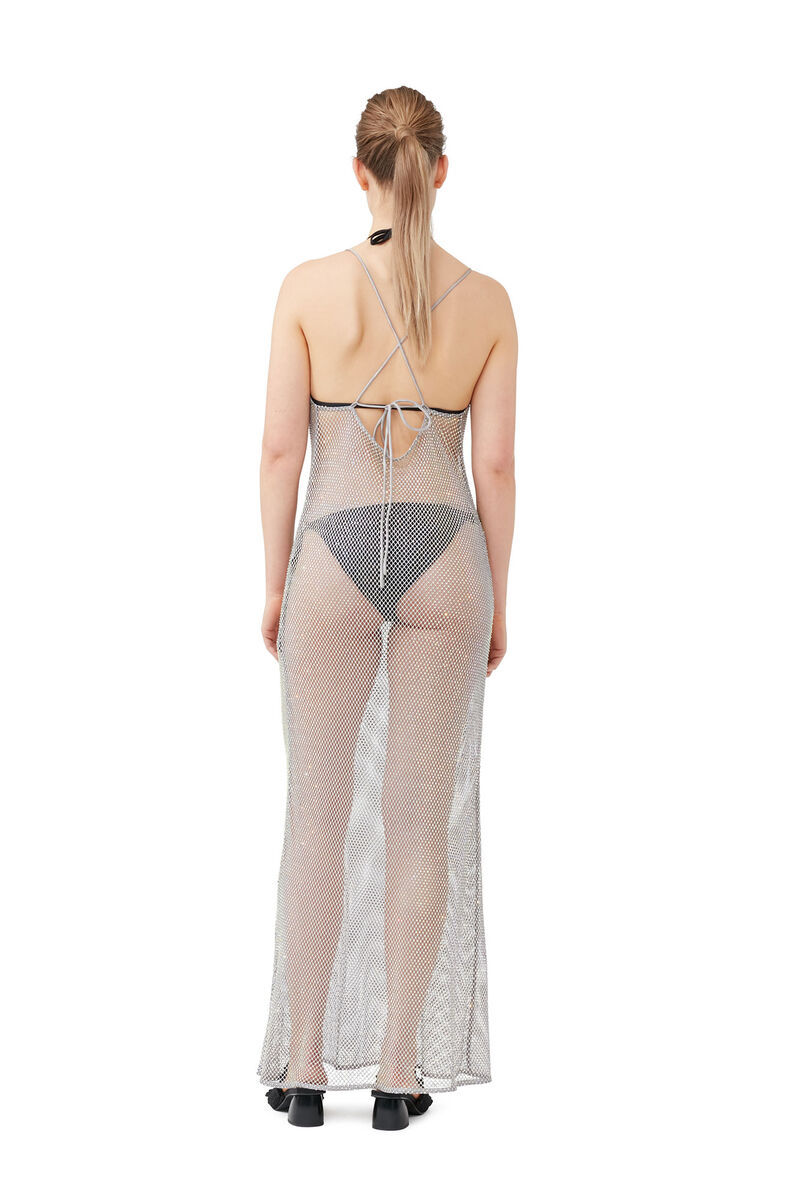 Ganni Crystal-embellished Mesh Dress In Gray