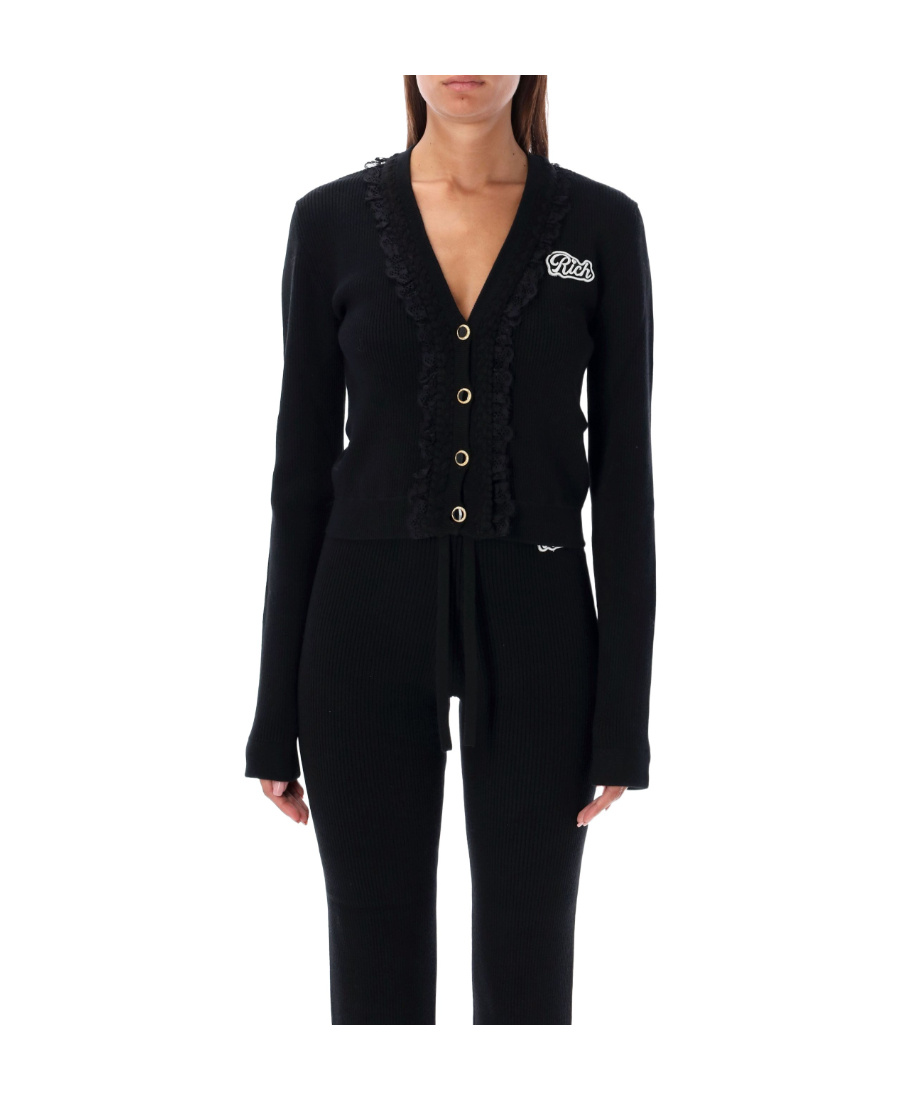 Alessandra Rich Sophisticated V-neck Cardigan With Ruffle Detailing And Cropped Length In Black