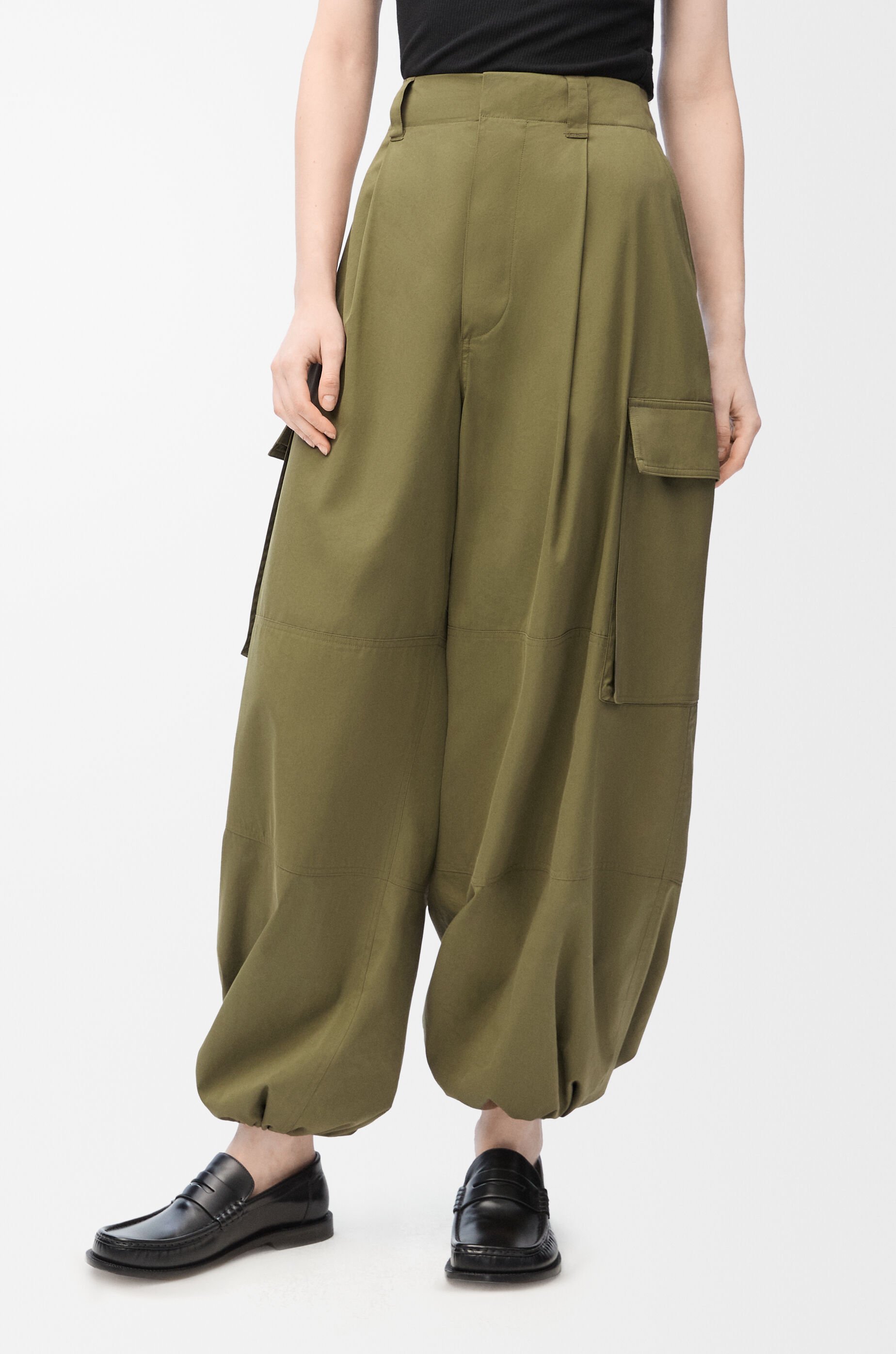Shop Loewe Cargo Trousers In Cotton And Silk In Khaki Green