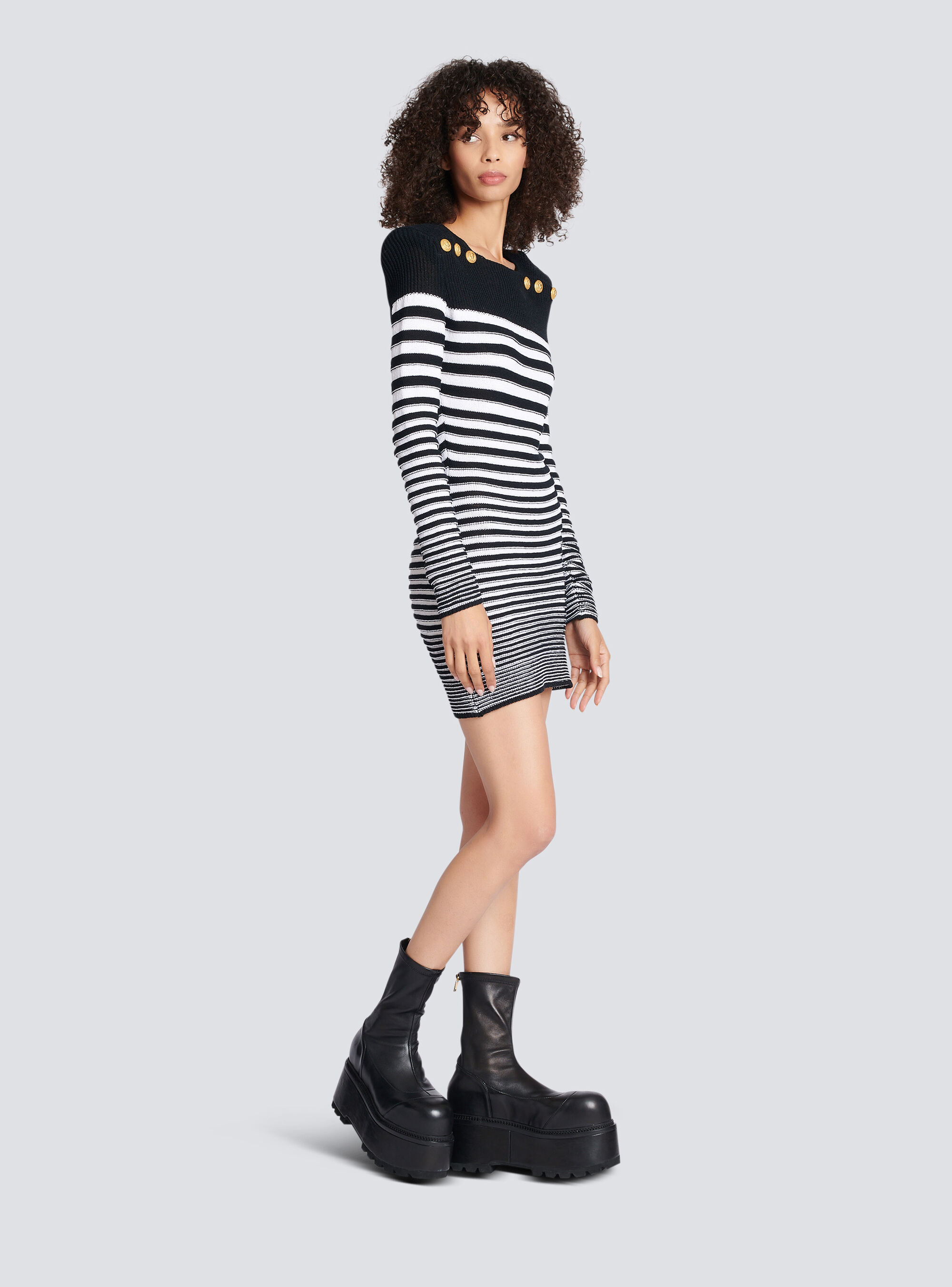 Balmain Button-embellished Striped Ribbed Cotton-blend Mini Dress In Black