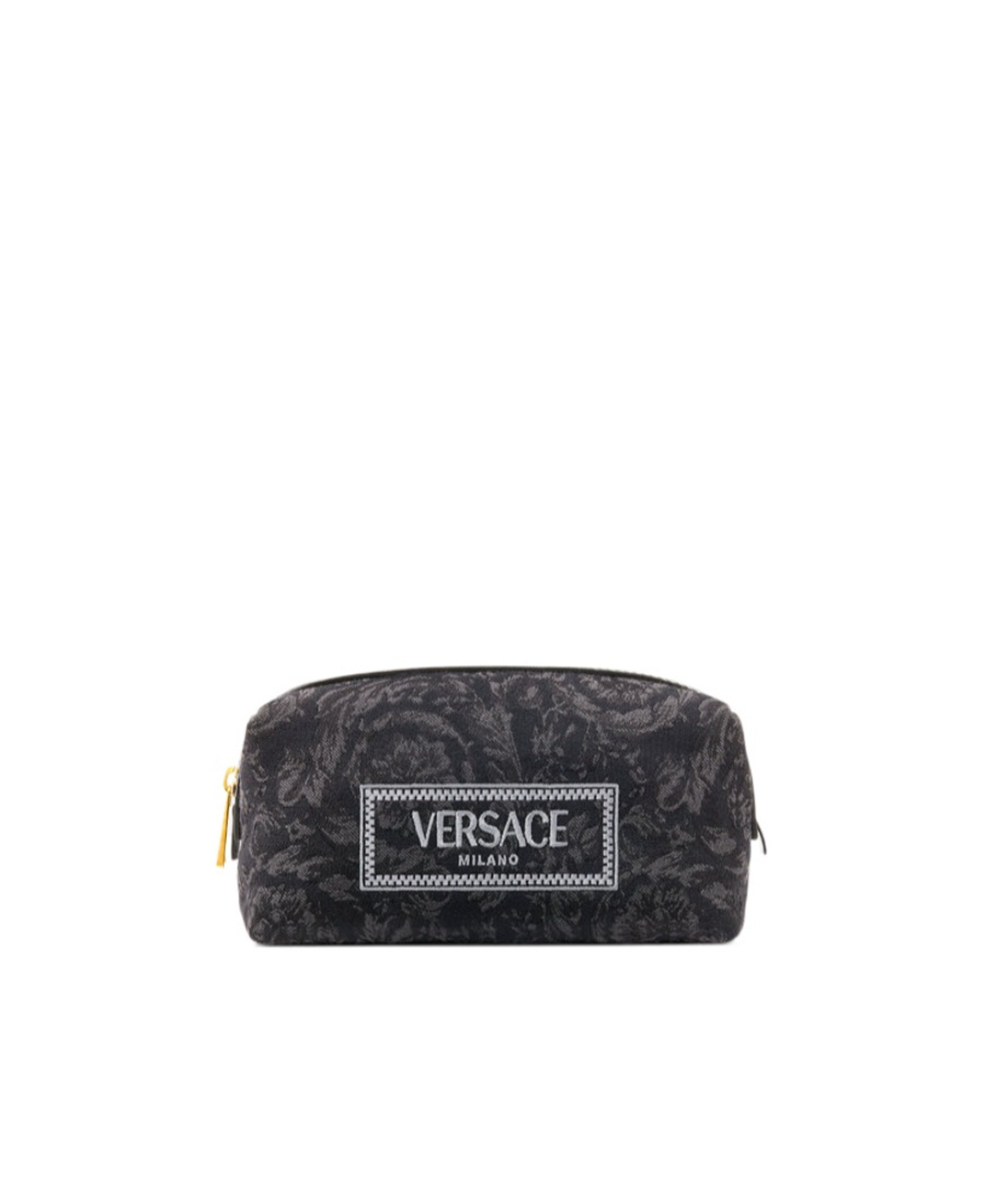 Versace Logo-embroidered Jacquard Zip-up Toiletry Bag In Black