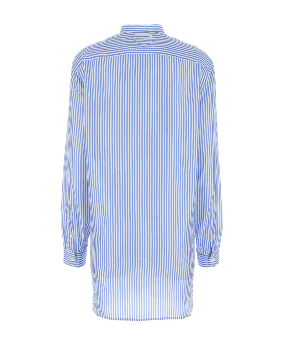 Prada Striped Silk Shirt With Mandarin Collar In Light Blue