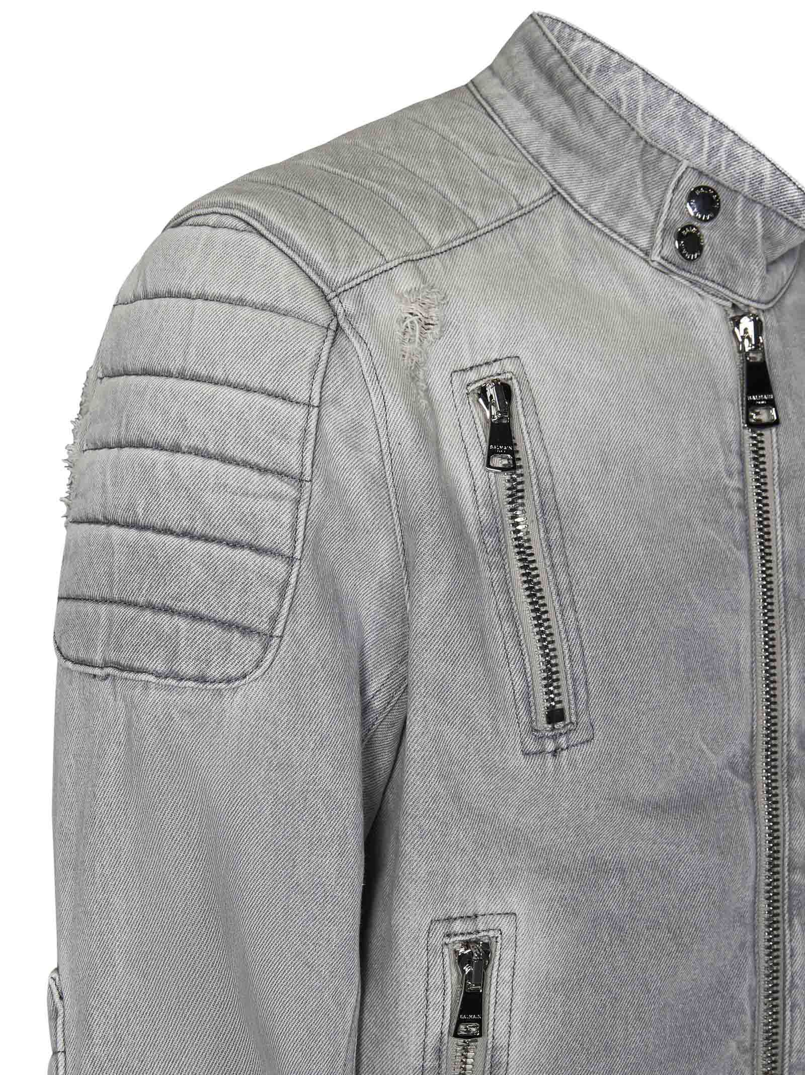 Balmain Biker Denim Jacket In Gray