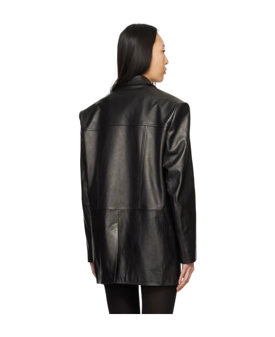 Magda Butrym Leather Blazer With Waist Belt And Notched Lapels In Black