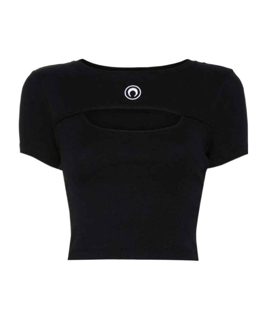 Marine Serre Black Moon Logo Ribbed Jersey Cut-out T-shirt In Black