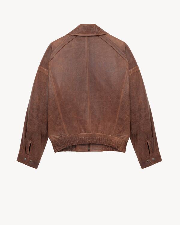 Saint Laurent Leather Jacket With Collared Design And Pockets In Brown