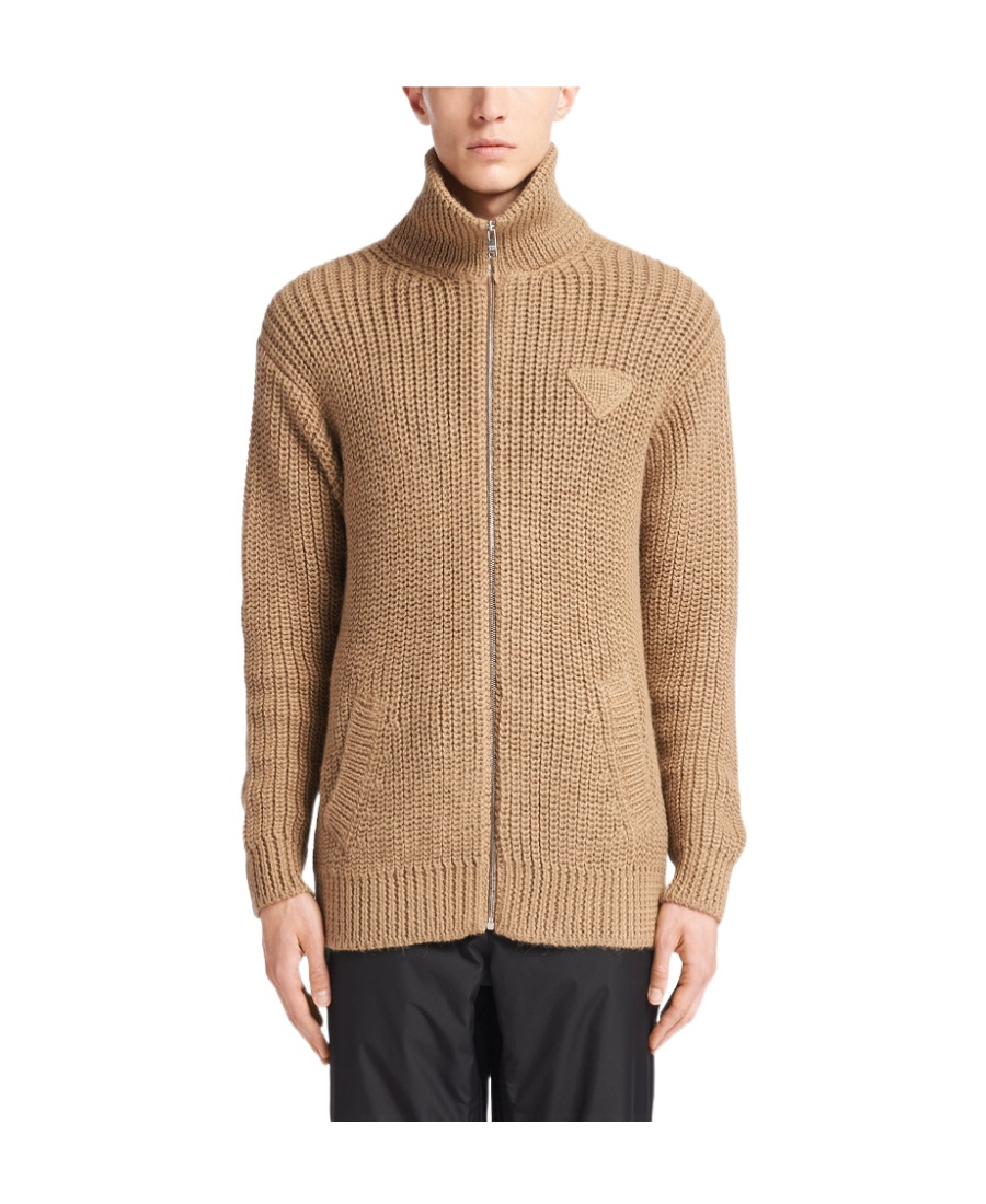 Prada Logo Cardigan In Camel Brown