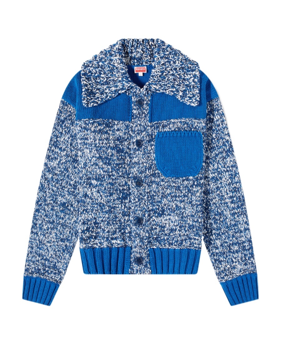 Kenzo Contrast-panel Knitted Cardigan In Blue