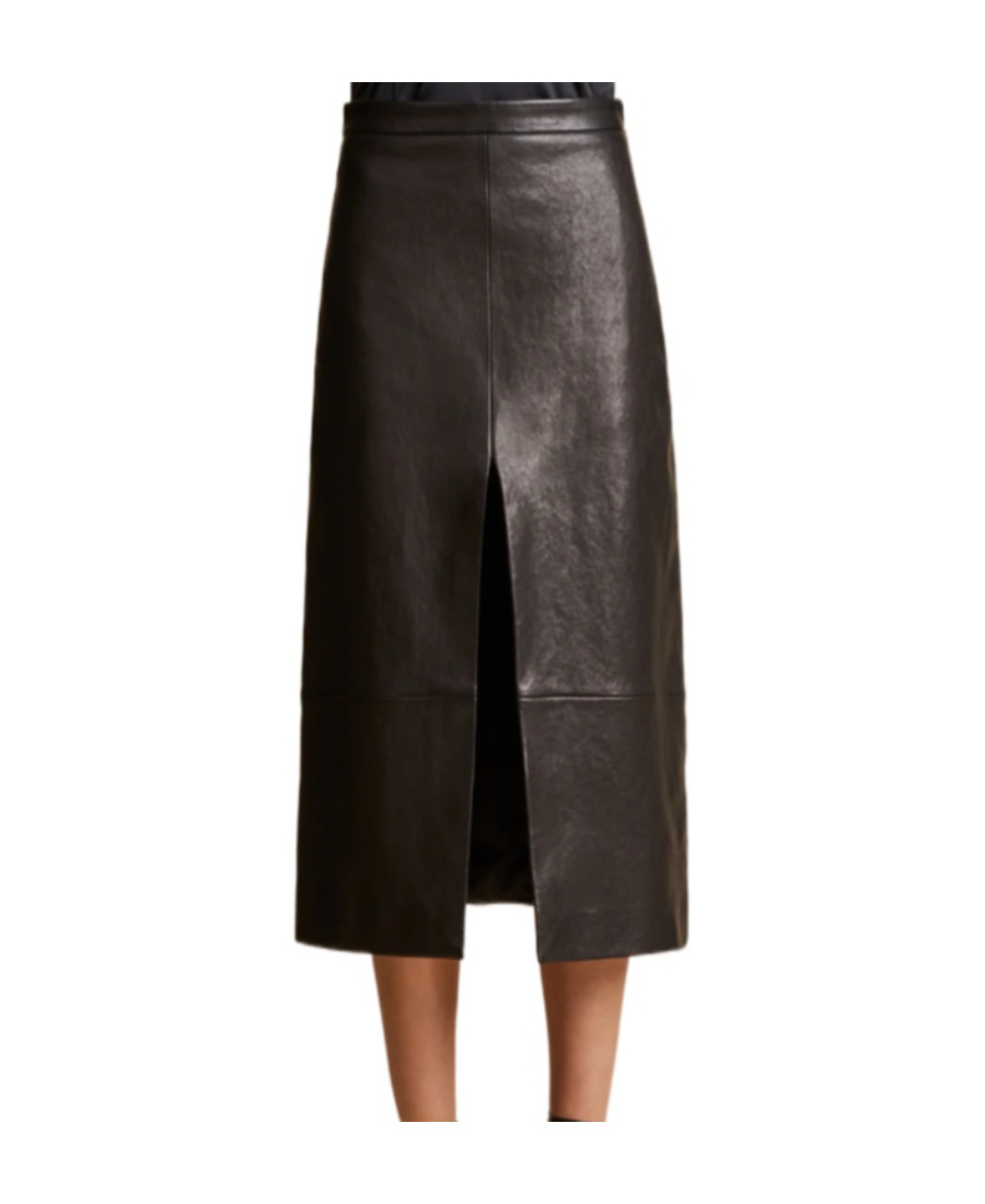 Shop Khaite Leather Midi Skirt In Black