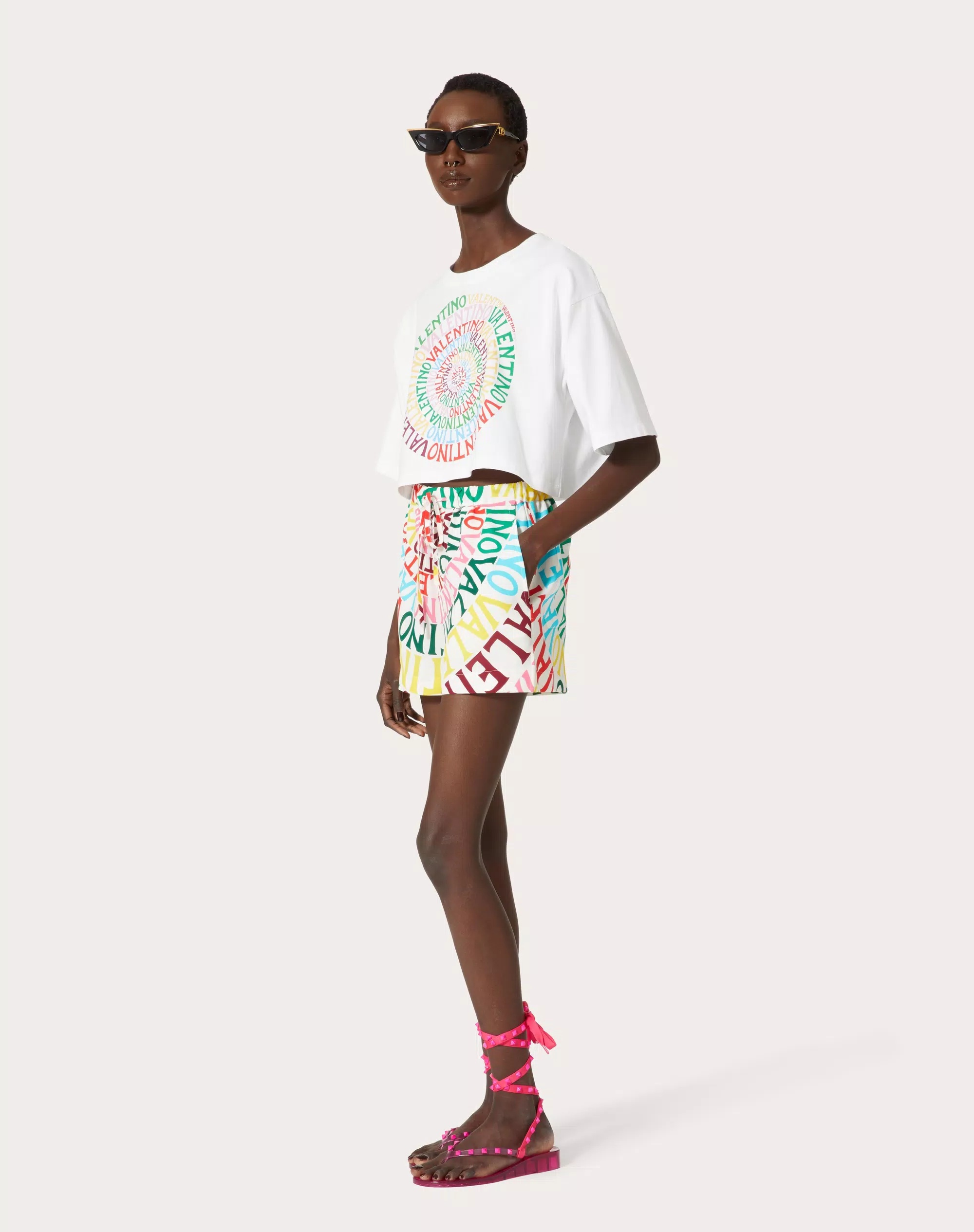 Valentino Logo Ringed Crepe De Chine Shorts In Multicolor