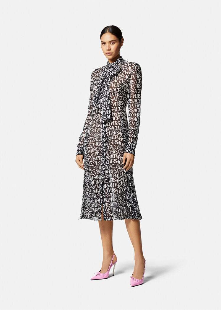 Versace Logo-print Silk-chiffon Midi Dress In Gray
