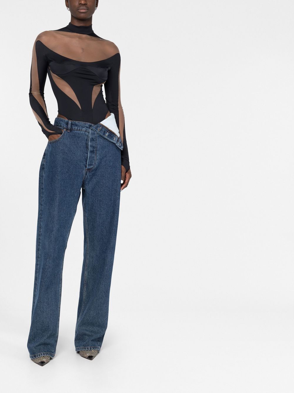 Mugler Star-print Mesh Bodysuit In Black