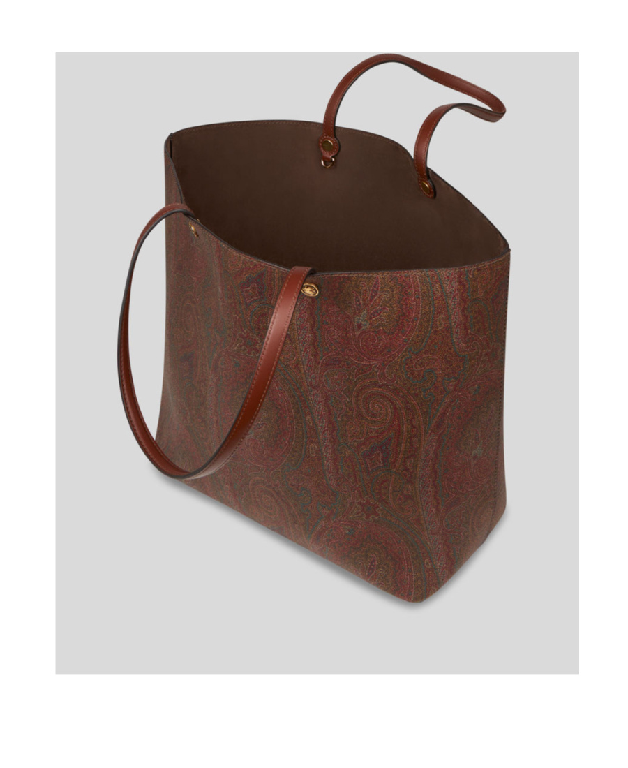 Etro Luxurious Xl Tote Handbag In Brown Leather With Paisley Print For Women In Brown