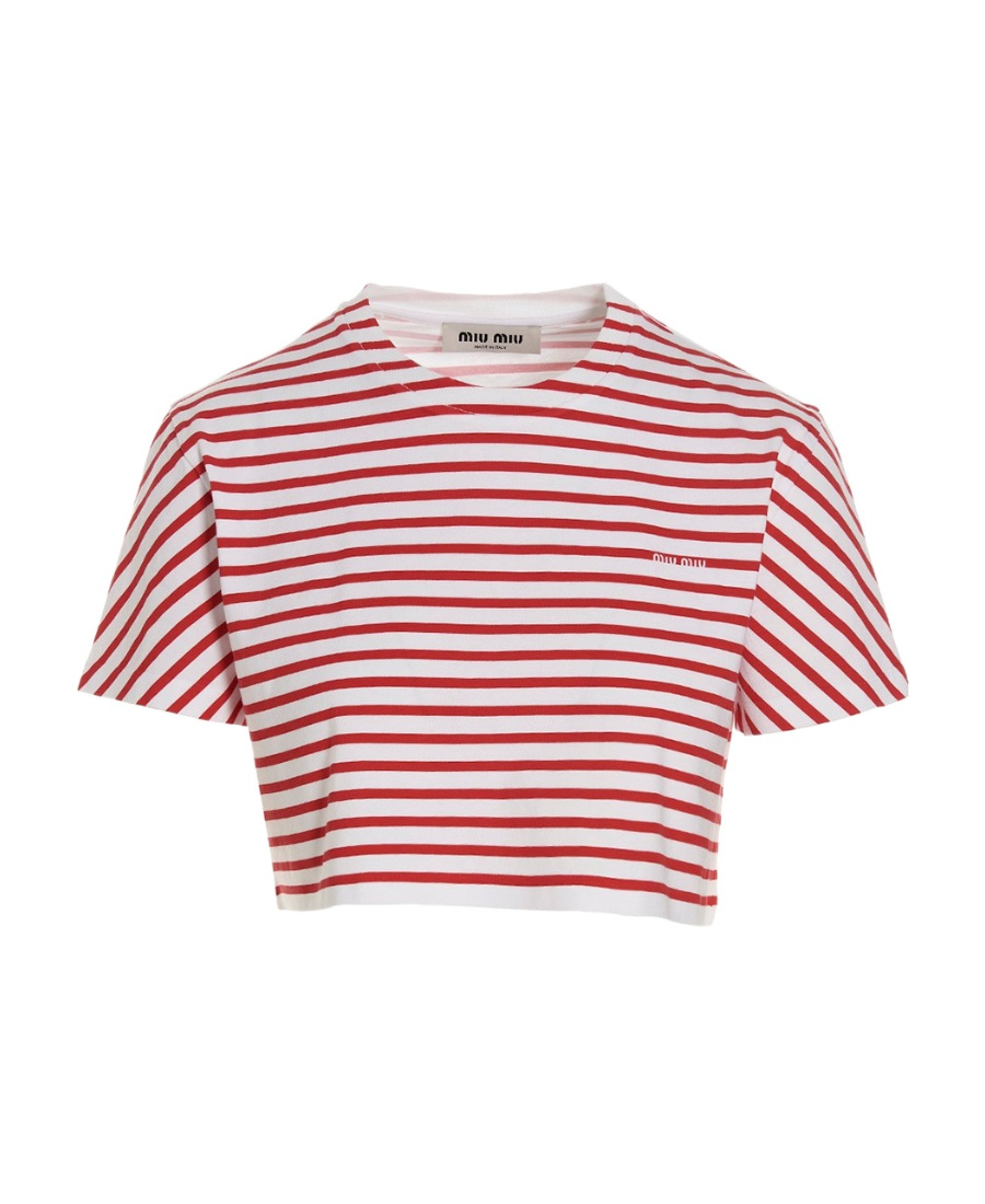 Miu Miu Striped Cropped T-shirt In White