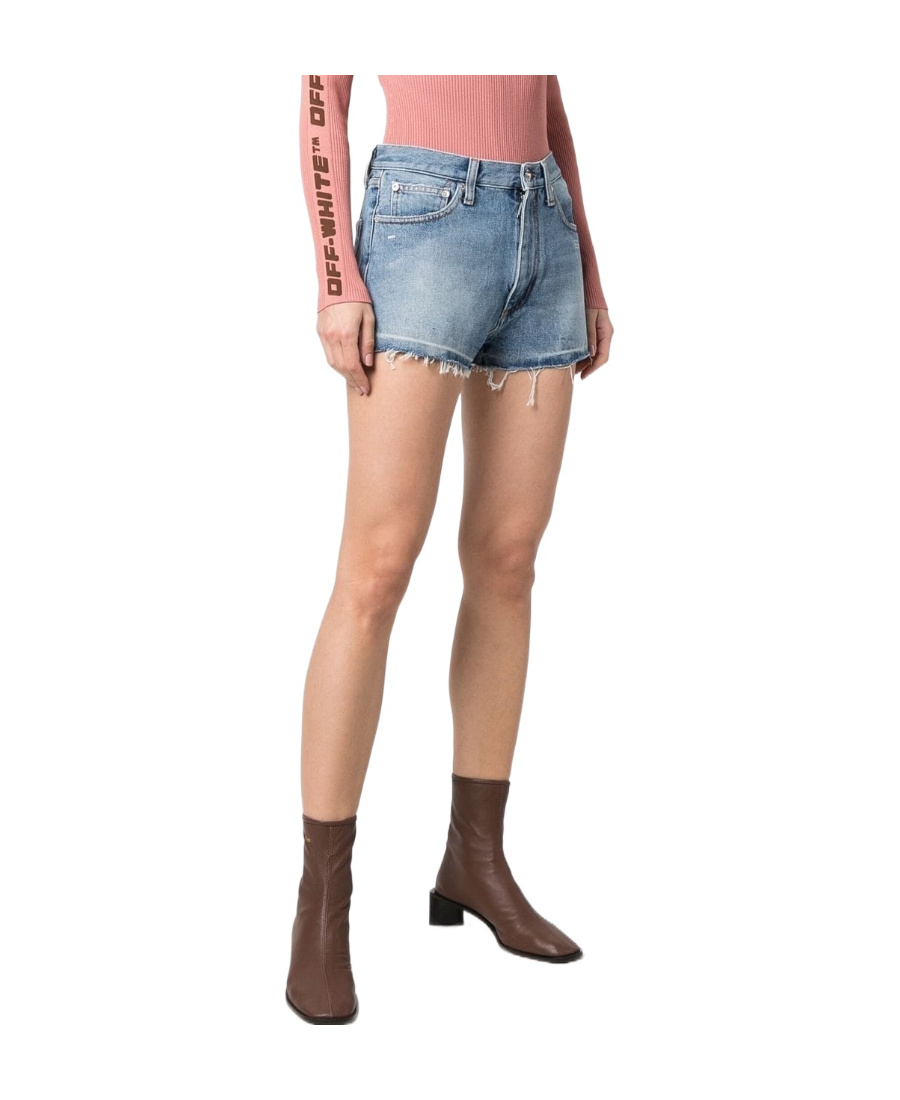 Off-white Logo-print Frayed-edge Denim Shorts In Blue