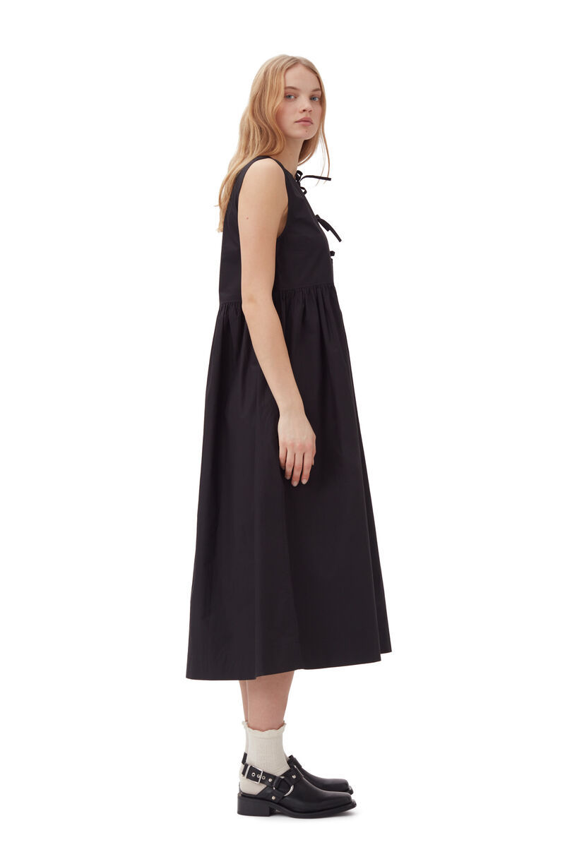 Ganni Tie String Poplin Dress In Black