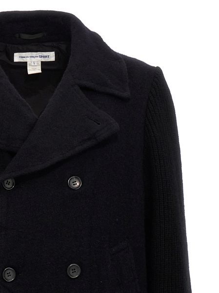 Comme Des Garçons Wool Blend Double-breasted Coat With Ribbed Sleeves In Black