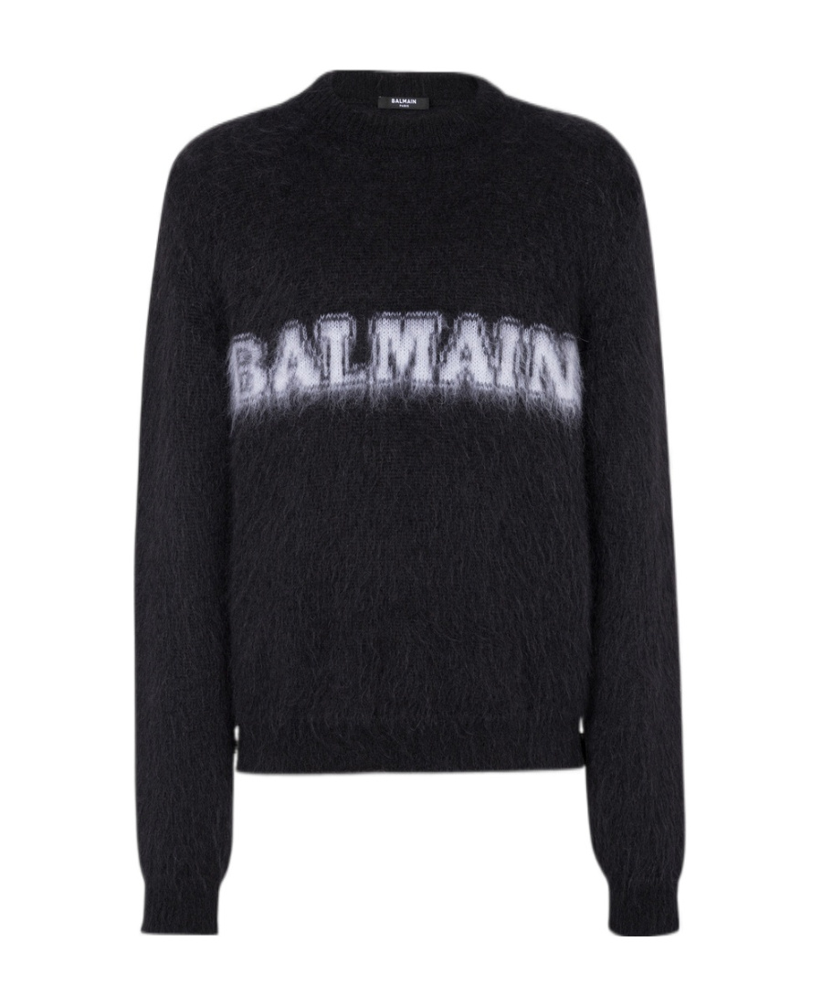 Balmain Black Crewneck Sweater With Maxi Logo Lettering On The Front And Brushed Effect In Wool Blen In Black