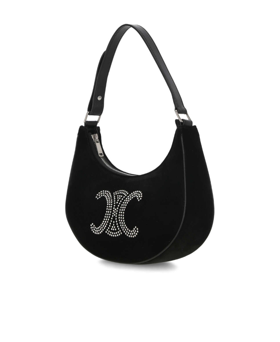 Celine Ava Triomphe Strass Velvet Shoulder Bag In Black