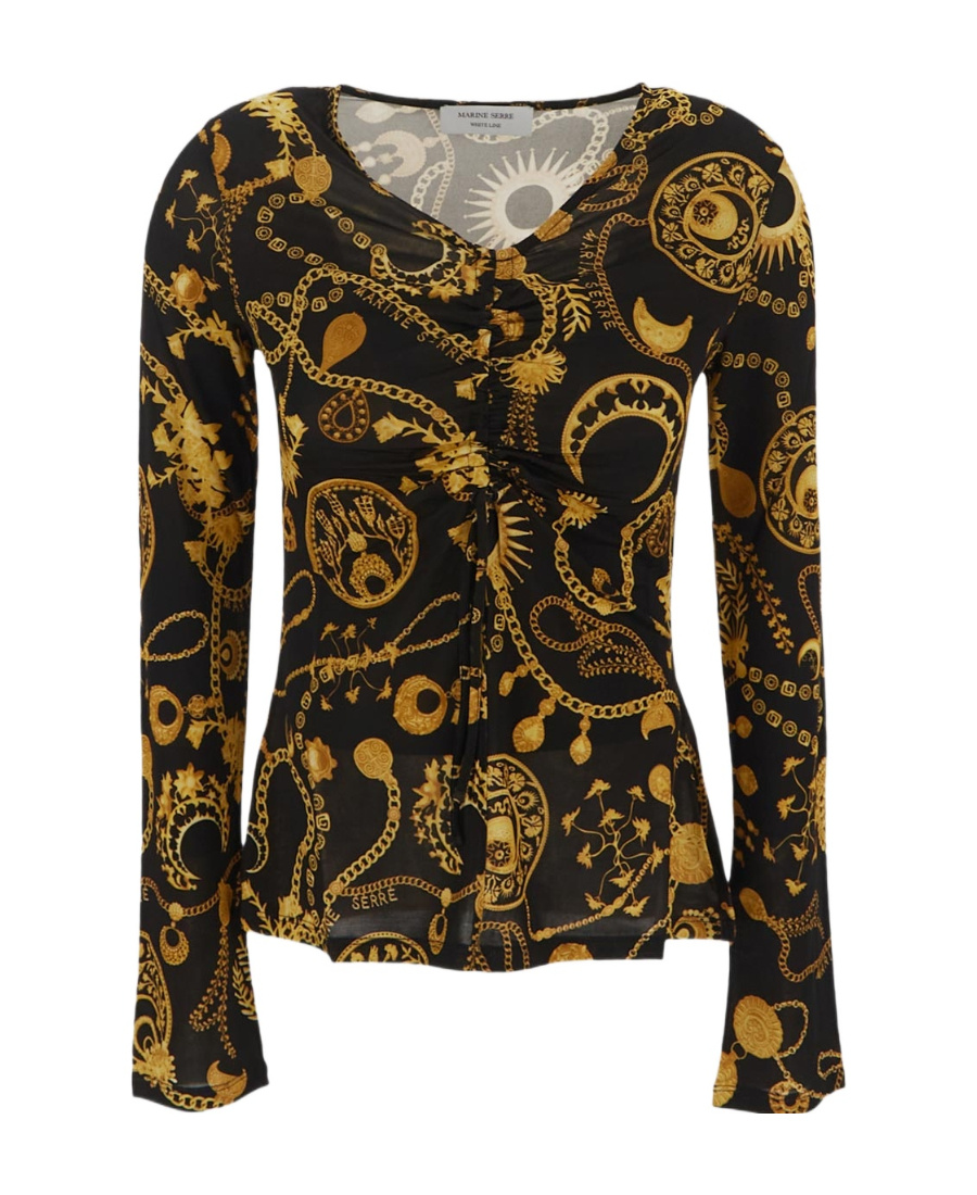 Marine Serre Black Blouse With All-over Graphic Print And Gathering Detail In Black