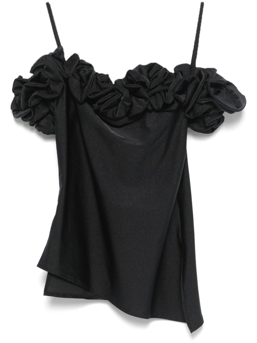 Coperni Asymmetric Off-shoulder Ruffled Spaghetti Straps Top In Black