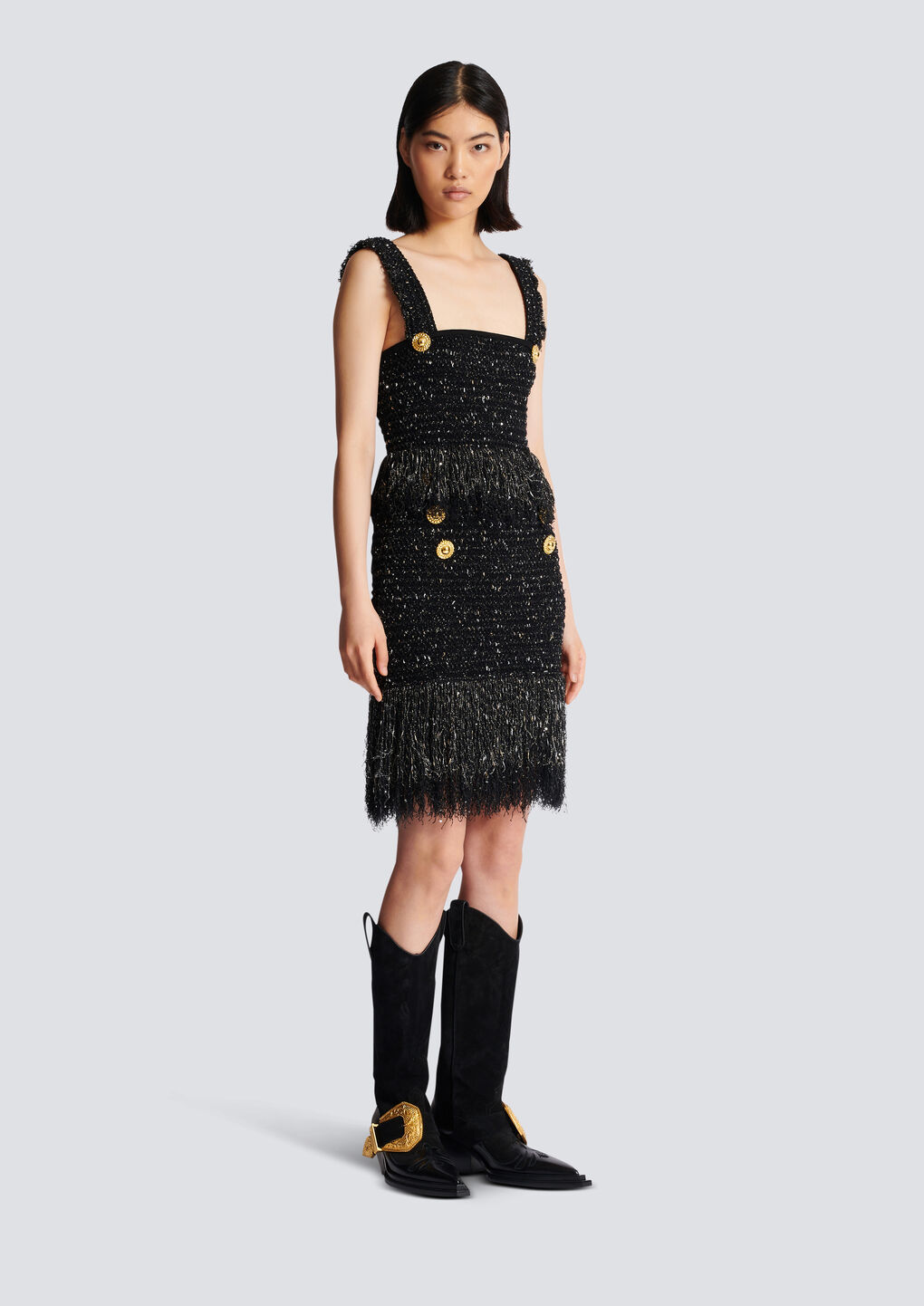 Balmain Fringed Tweed Short Skirt With 6 Buttons In Black
