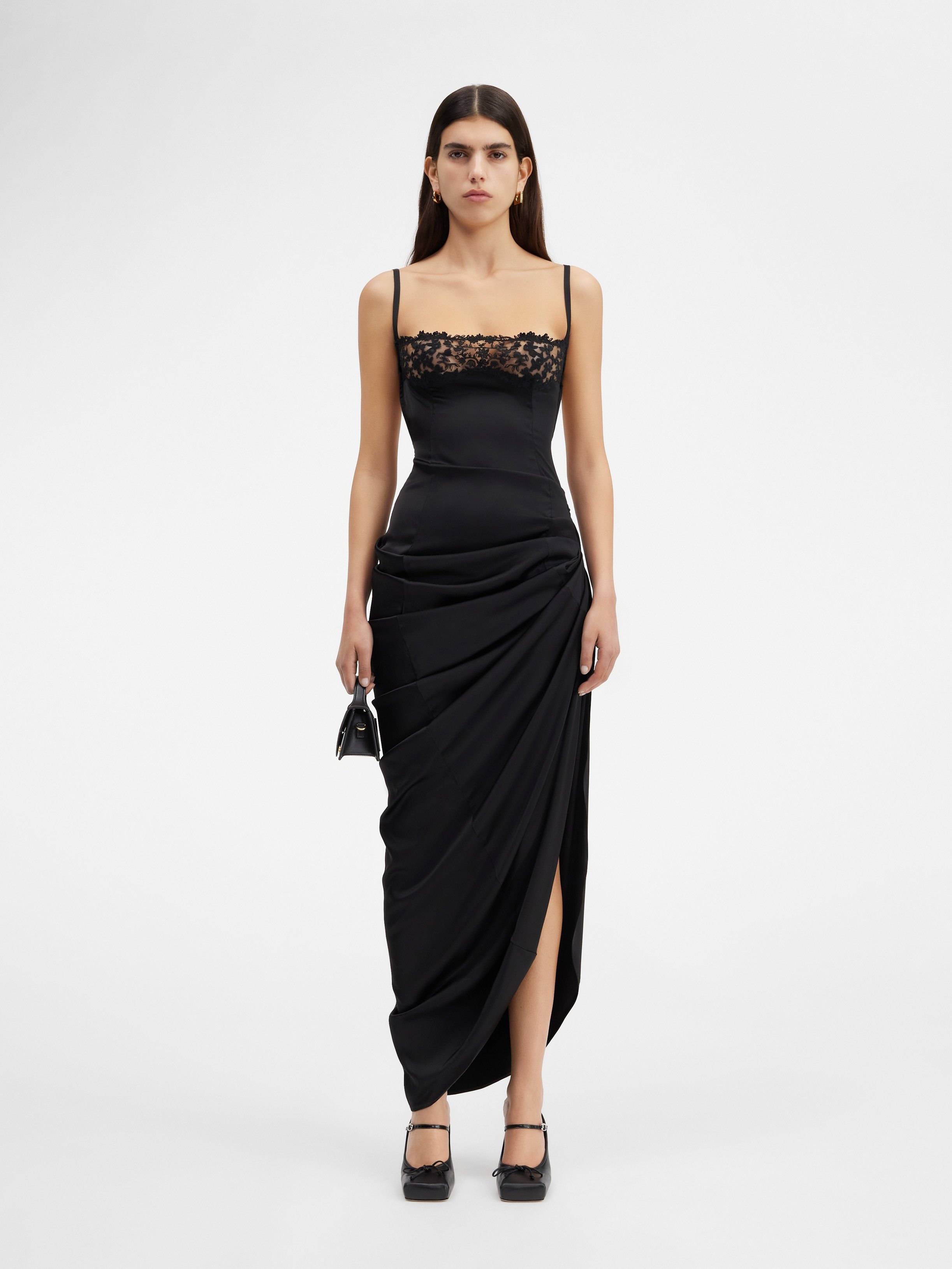 Jacquemus Embellished Neckline Ruched Spaghetti Straps In Black
