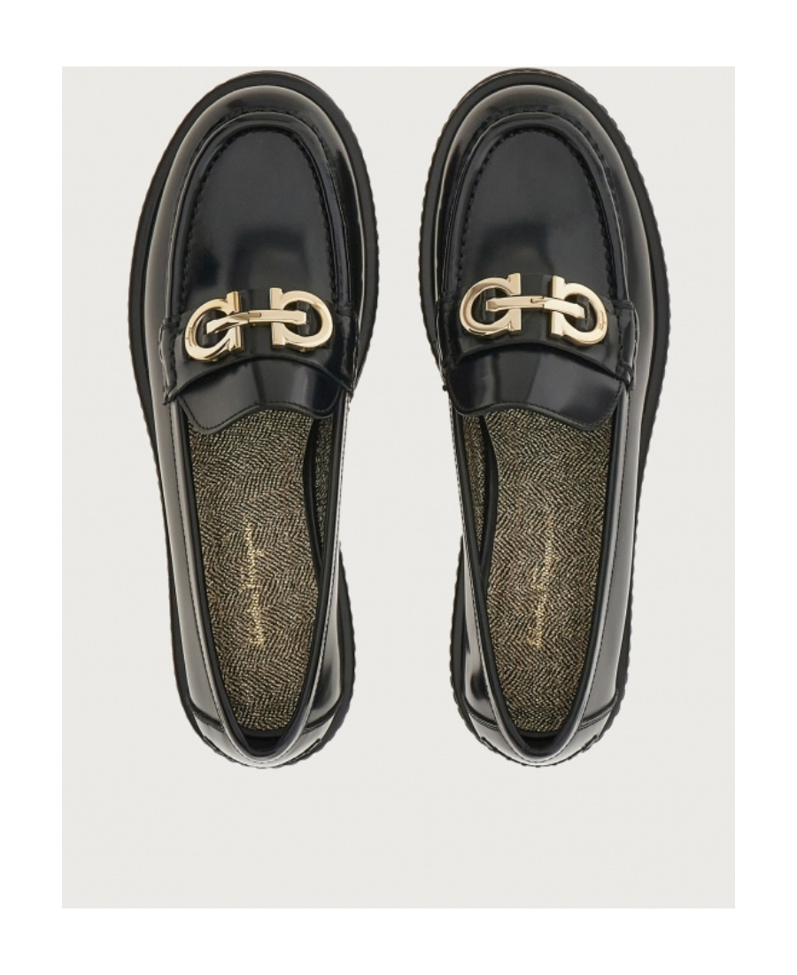 Ferragamo Black Ofelia Lug Moccasin With Gancini Ornament In Black