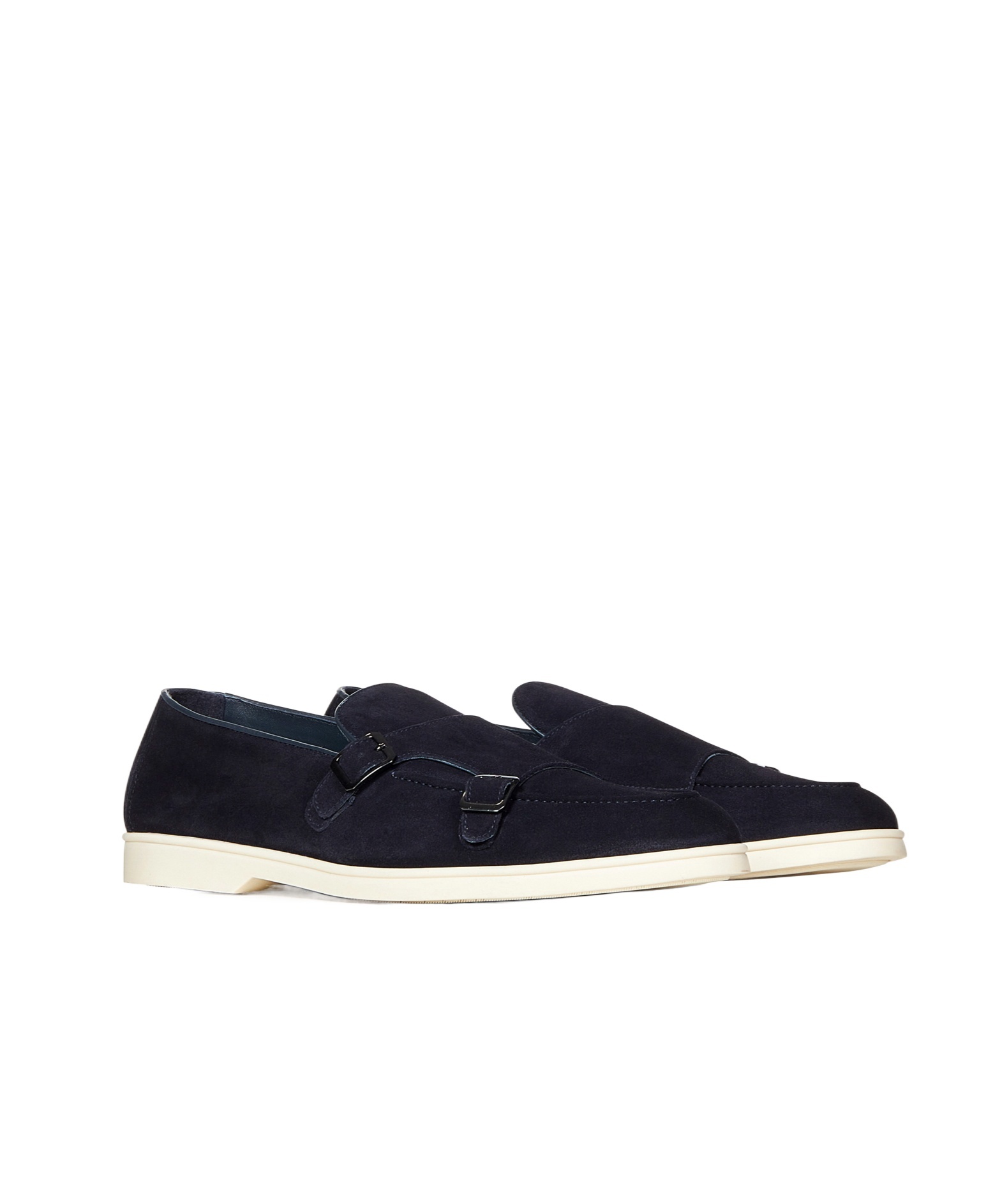 Doucal's Navy Blue Suede Double Monk Strap Loafers Wit