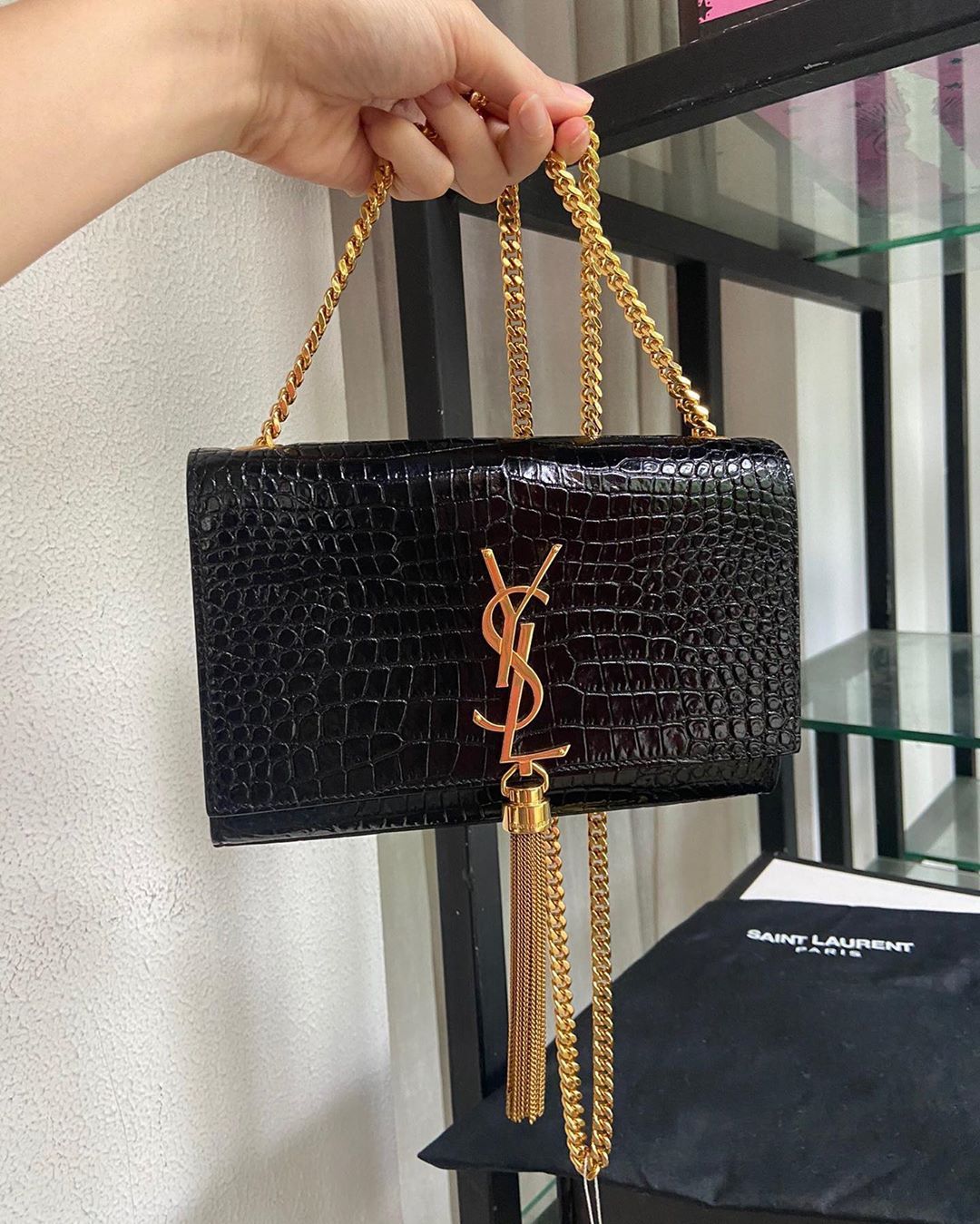Saint Laurent Kate Crocodile-effect Shoulder Bag In Black