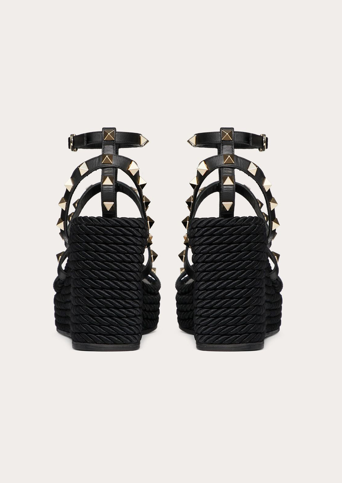 Valentino Rockstud Ankle Strap Wedge Sandal In Calfskin Leather 95 Mm In Black