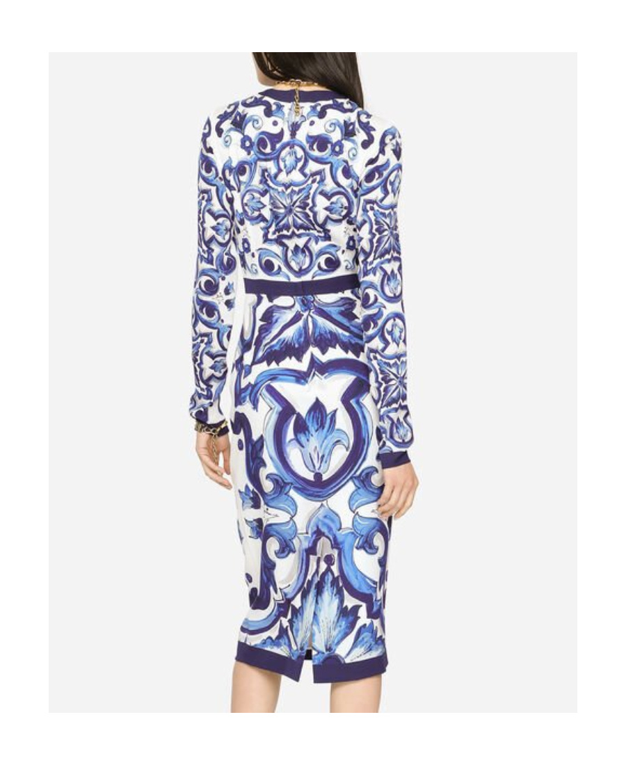 Dolce & Gabbana Blu Mediterraneo Painterly Long-sleeve Midi-dress In Blue