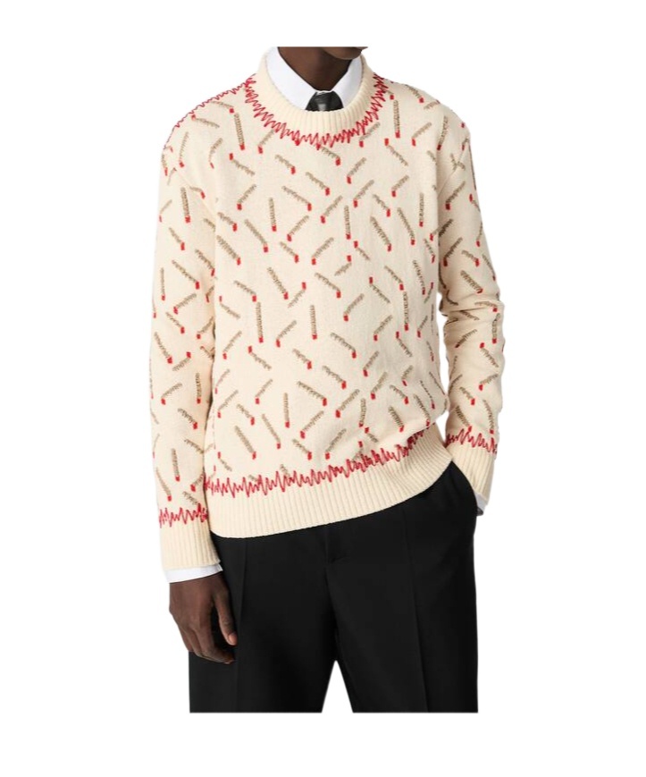 Bottega Veneta Men Ivory Sweater With Matchstick Jacquard Motif In Chalk/beige/tomato