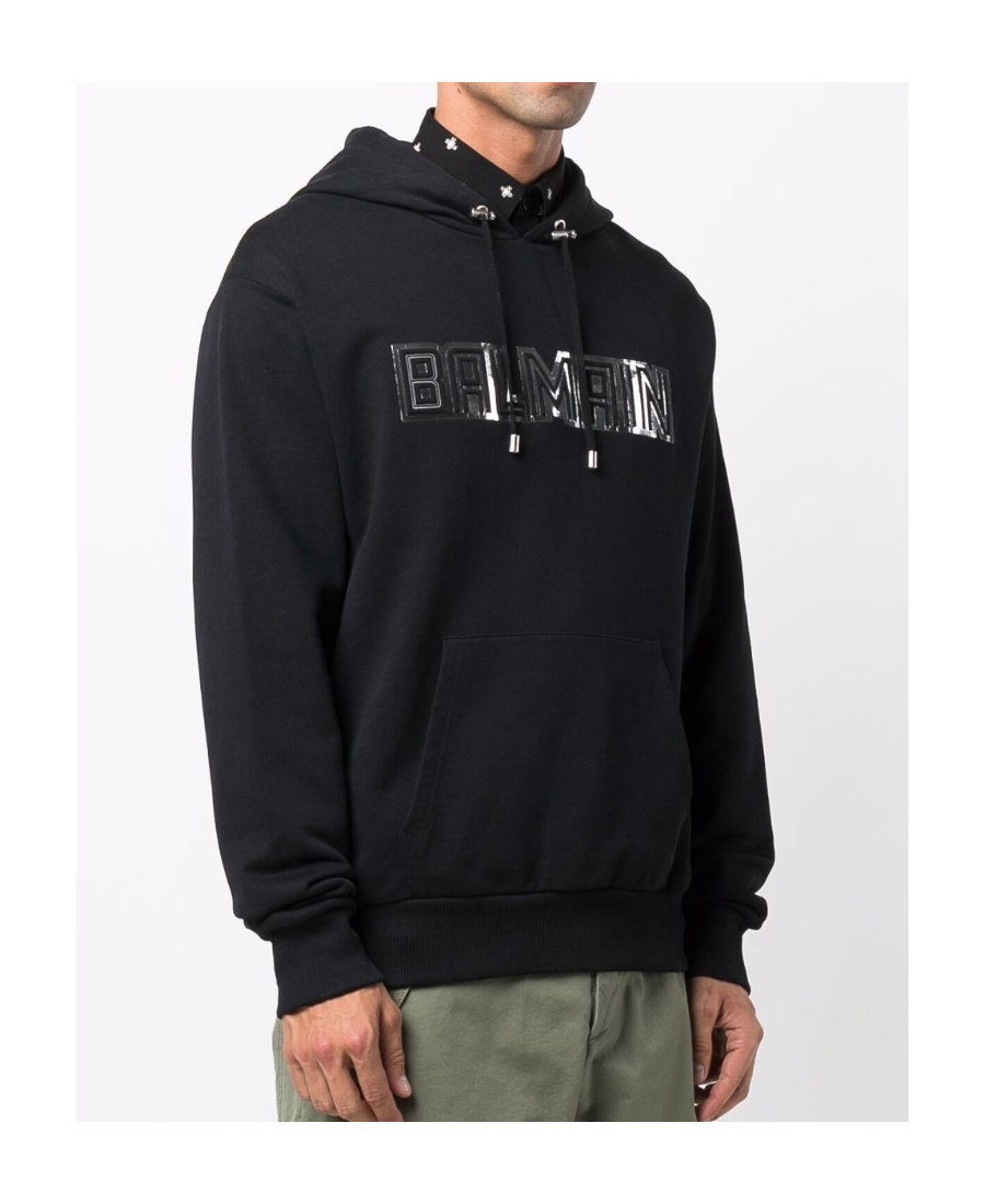 Shop Balmain Black Cotton Sweatshirt With Embossed Silver Paris Logo Print