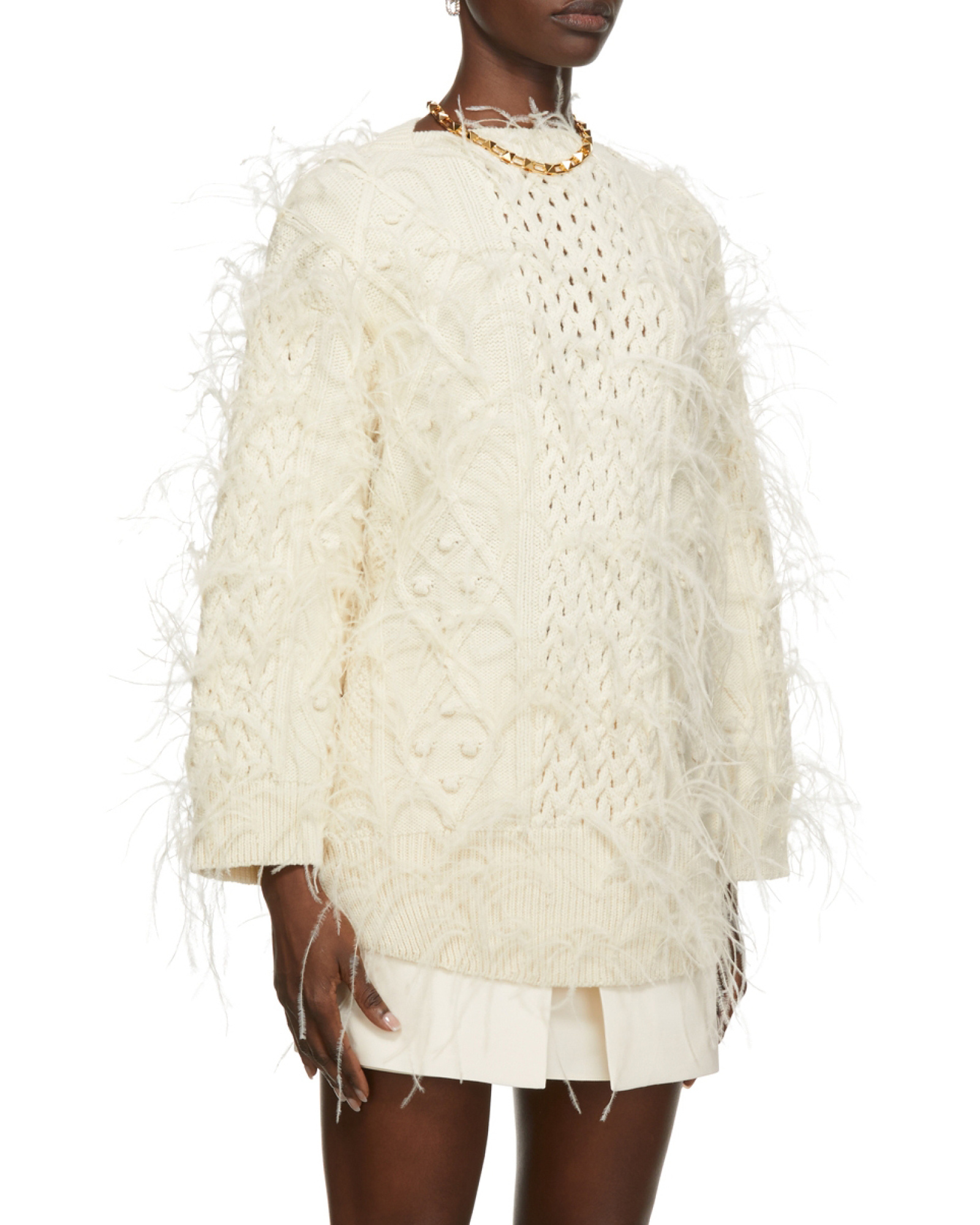 Valentino Feather-embellished Wool Jumper In Metallic