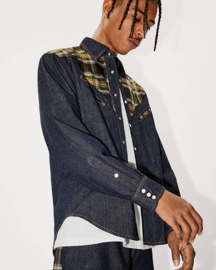 Kenzo Checked-panel Denim Shirt In Black