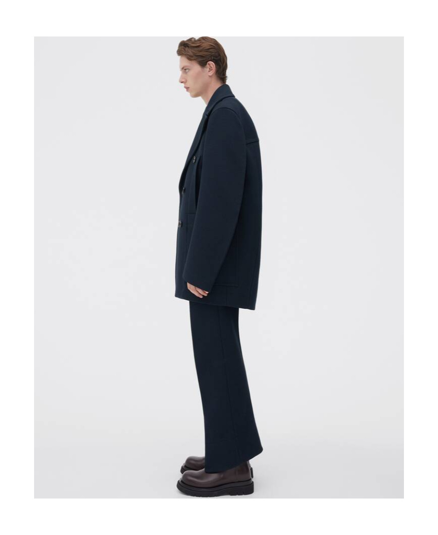 Bottega Veneta Curved Double Overcoat In Blue